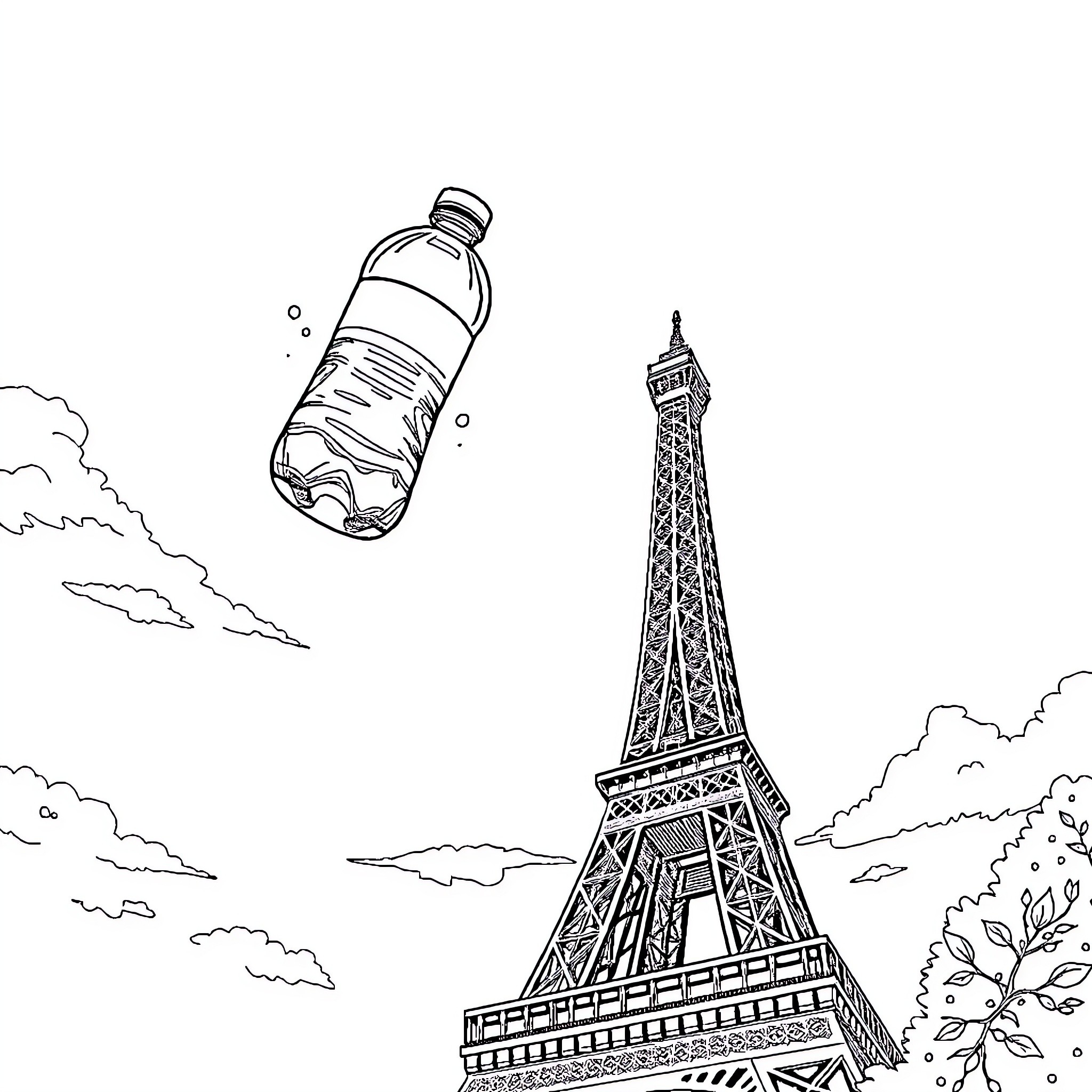 Water Bottle Floating Over Eiffel Tower Scenery Coloring Page (free black-and-white line drawing printable PDF for all, from beginners to advanced learners, including children, teens, adults, and seniors)