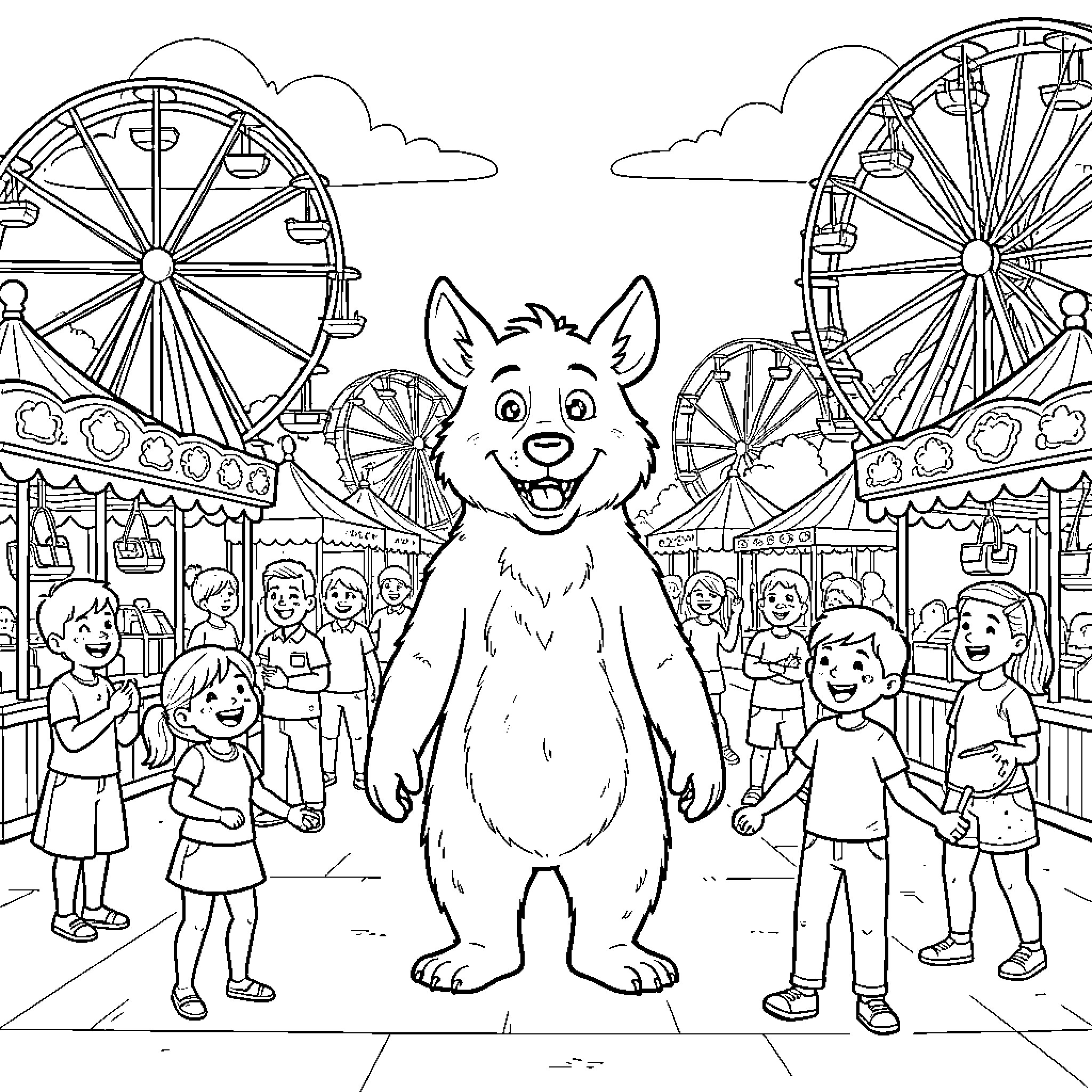 Grüfelo standing happily among children at an amusement park Coloring Page (free black-and-white line drawing printable PDF for all, from beginners to advanced learners, including children, teens, adults, and seniors)