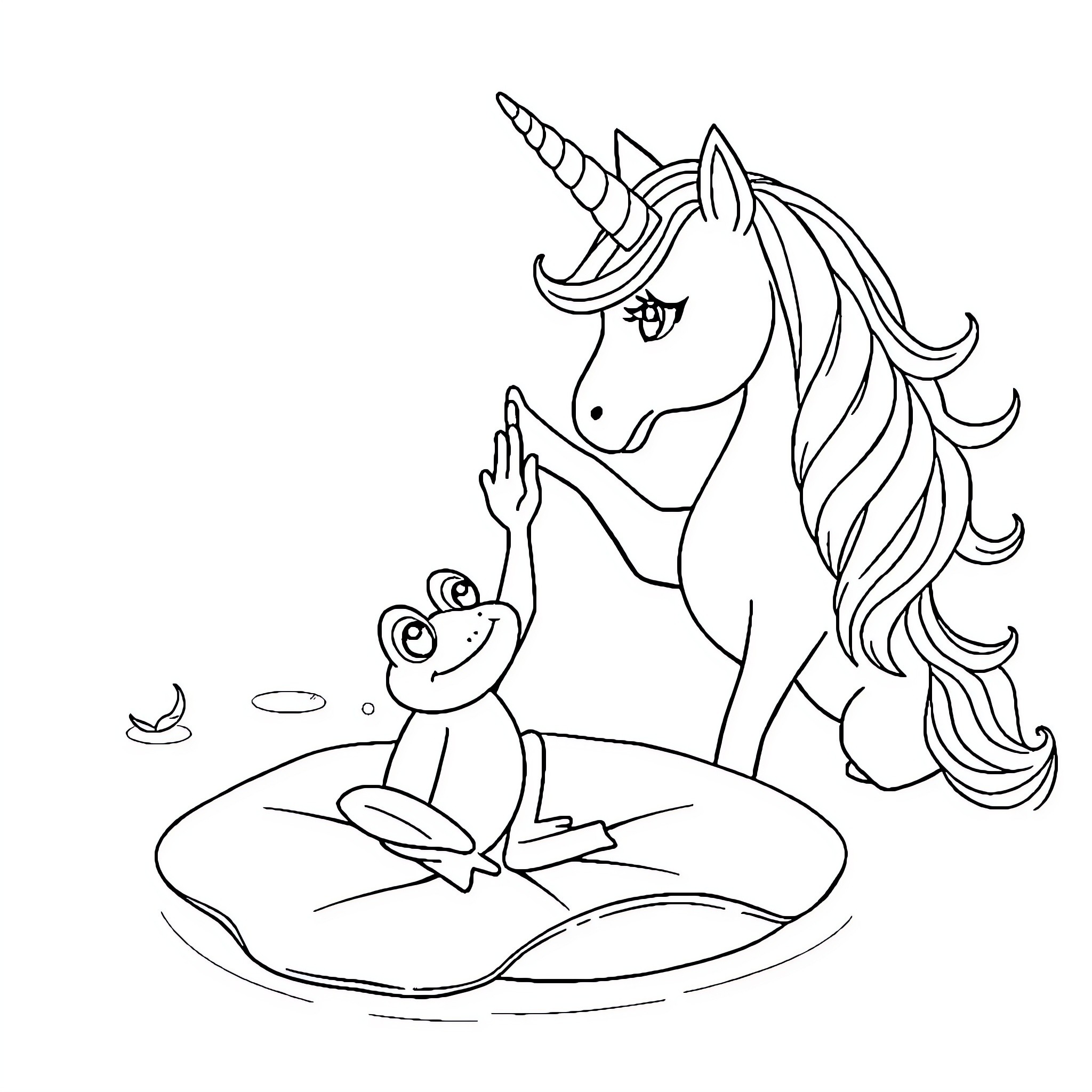 Unicorn and frog playing together happily Coloring Page (free black-and-white line drawing printable PDF for all, from beginners to advanced learners, including children, teens, adults, and seniors)