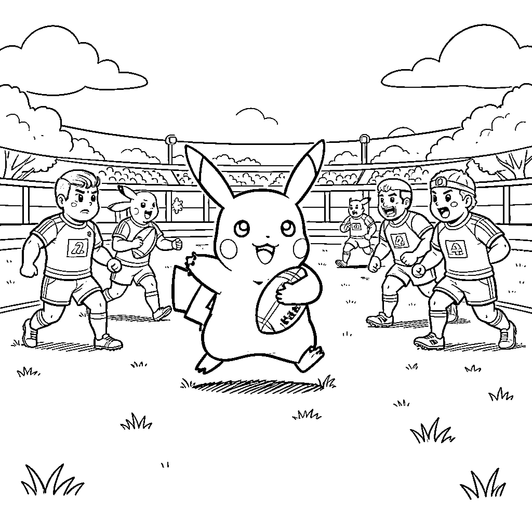 Pikachu running with a rugby ball in a game Coloring Page (free black-and-white line drawing printable PDF for all, from beginners to advanced learners, including children, teens, adults, and seniors)