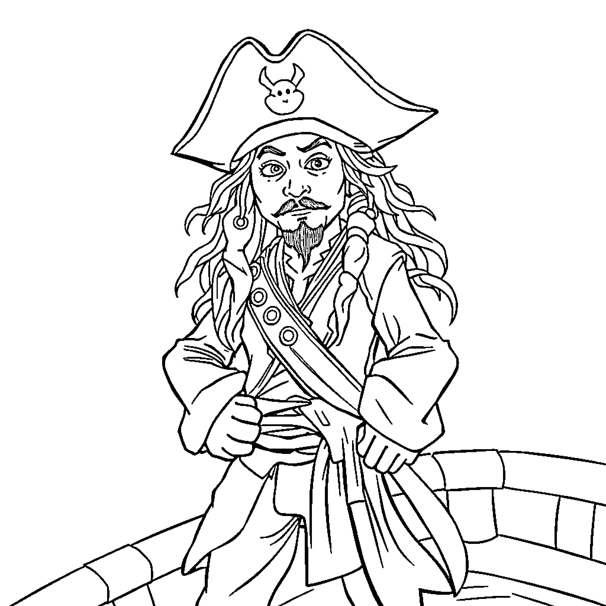 Jack Sparrow the Adventurous Pirate Coloring Page (free black-and-white line drawing printable PDF for all, from beginners to advanced learners, including children, teens, adults, and seniors)