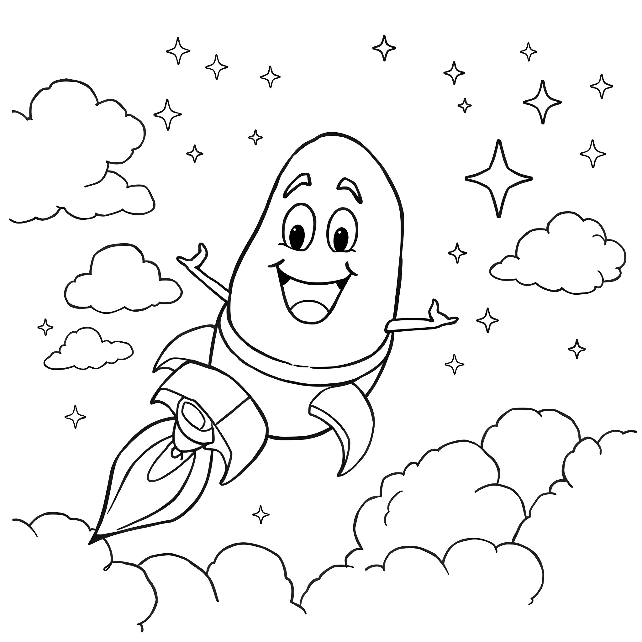Mr Potato Rocket Blasting Off into the Starry Sky Coloring Page (free black-and-white line drawing printable PDF for all, from beginners to advanced learners, including children, teens, adults, and seniors)