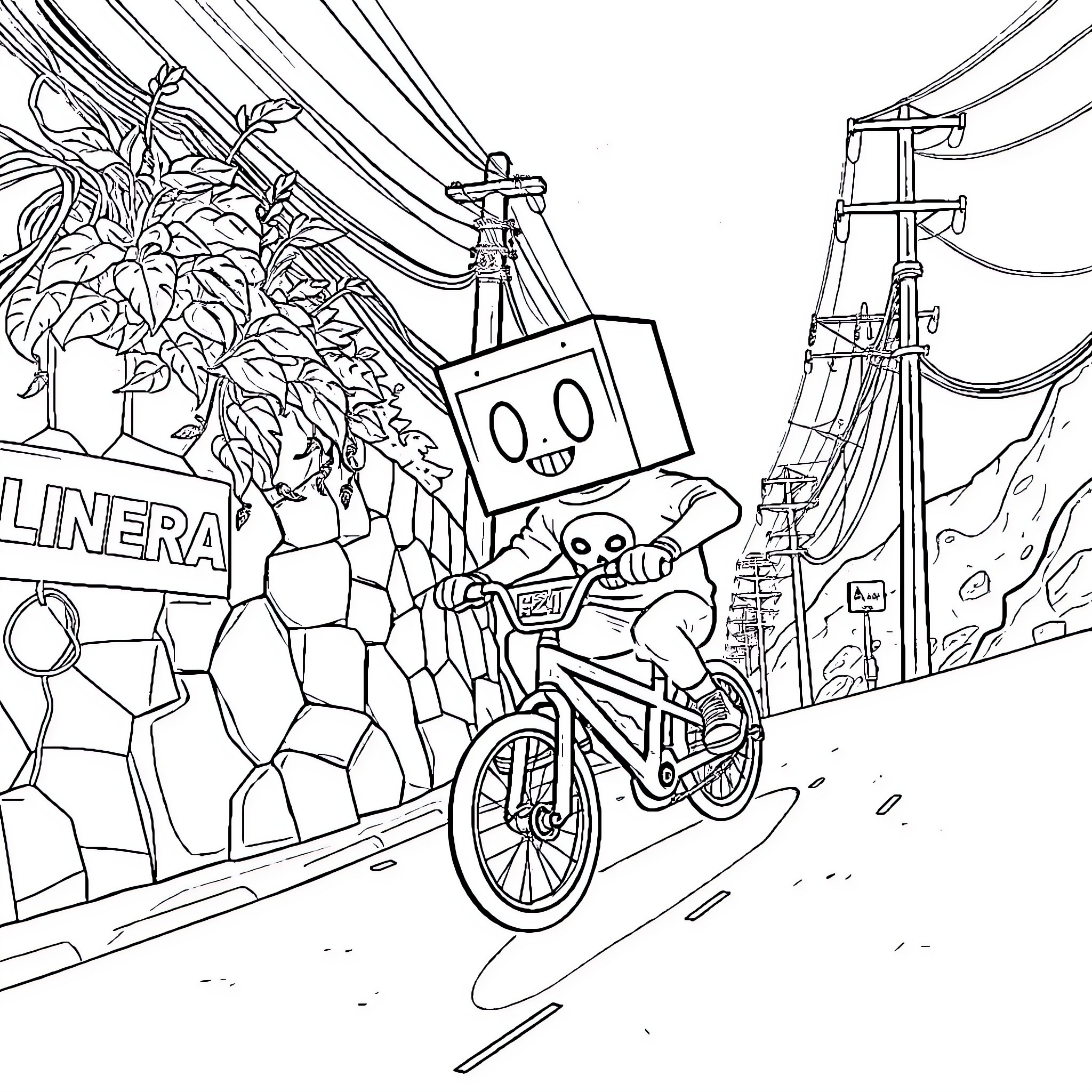 Box-Head Character on Bicycle in Futuristic City Coloring Page (free black-and-white line drawing printable PDF for all, from beginners to advanced learners, including children, teens, adults, and seniors)