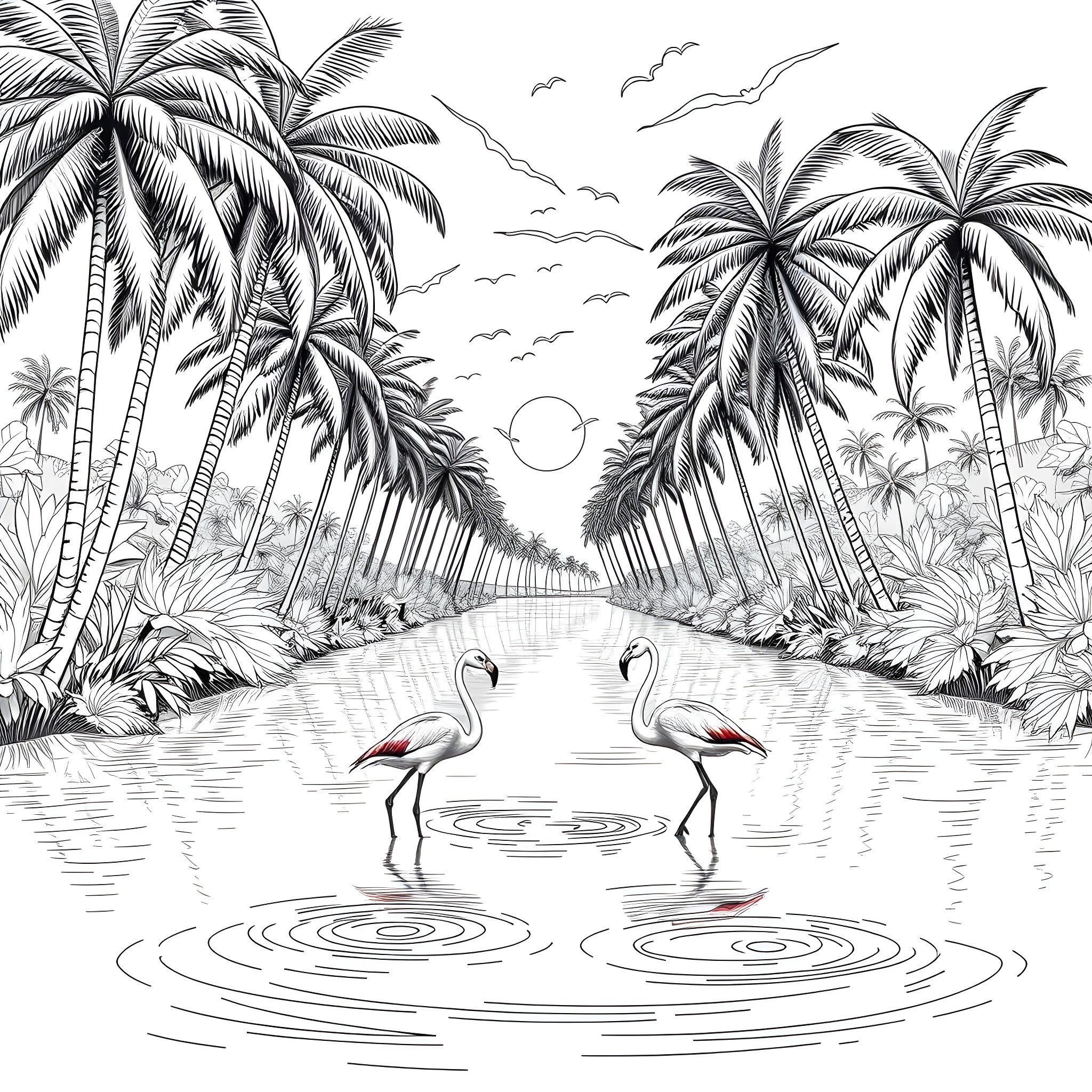 Flamingos dancing in a tropical paradise Coloring Page (free black-and-white line drawing printable PDF for all, from beginners to advanced learners, including children, teens, adults, and seniors)
