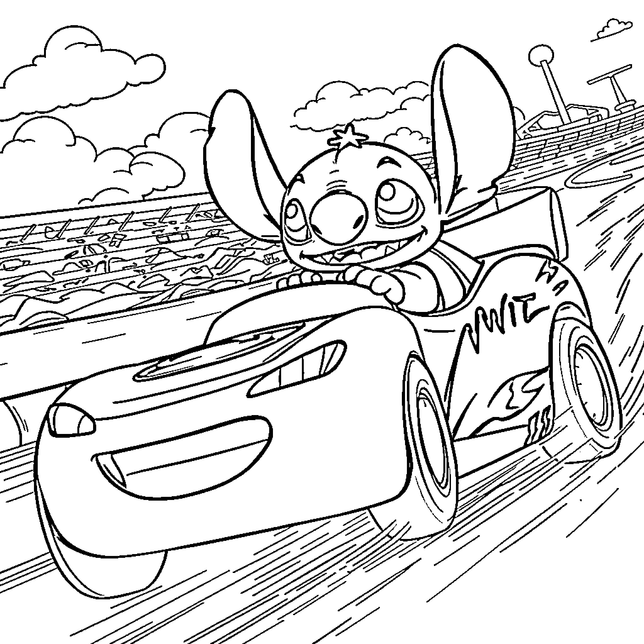 Stitch driving a fast car on the road Coloring Page (free black-and-white line drawing printable PDF for all, from beginners to advanced learners, including children, teens, adults, and seniors)