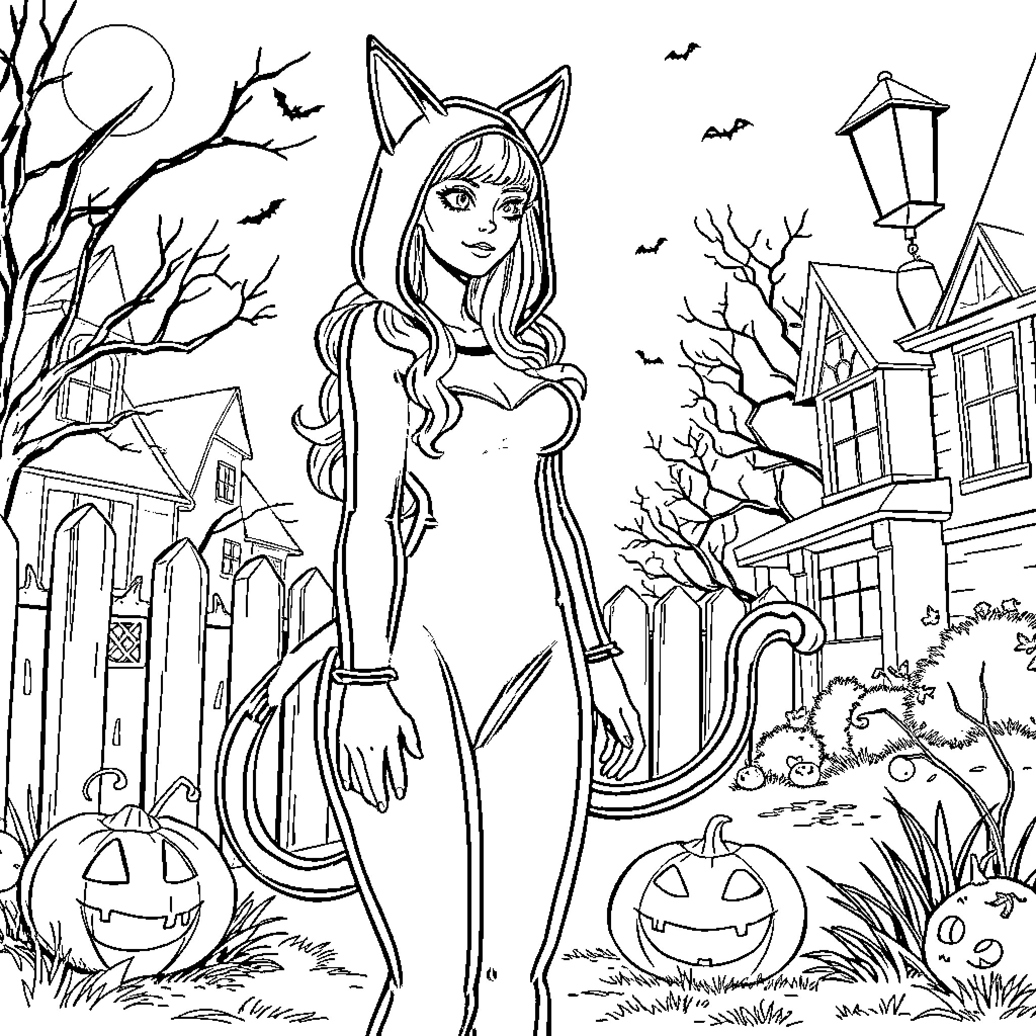 Woman in cat costume exploring spooky Halloween town Coloring Page (free black-and-white line drawing printable PDF for all, from beginners to advanced learners, including children, teens, adults, and seniors)