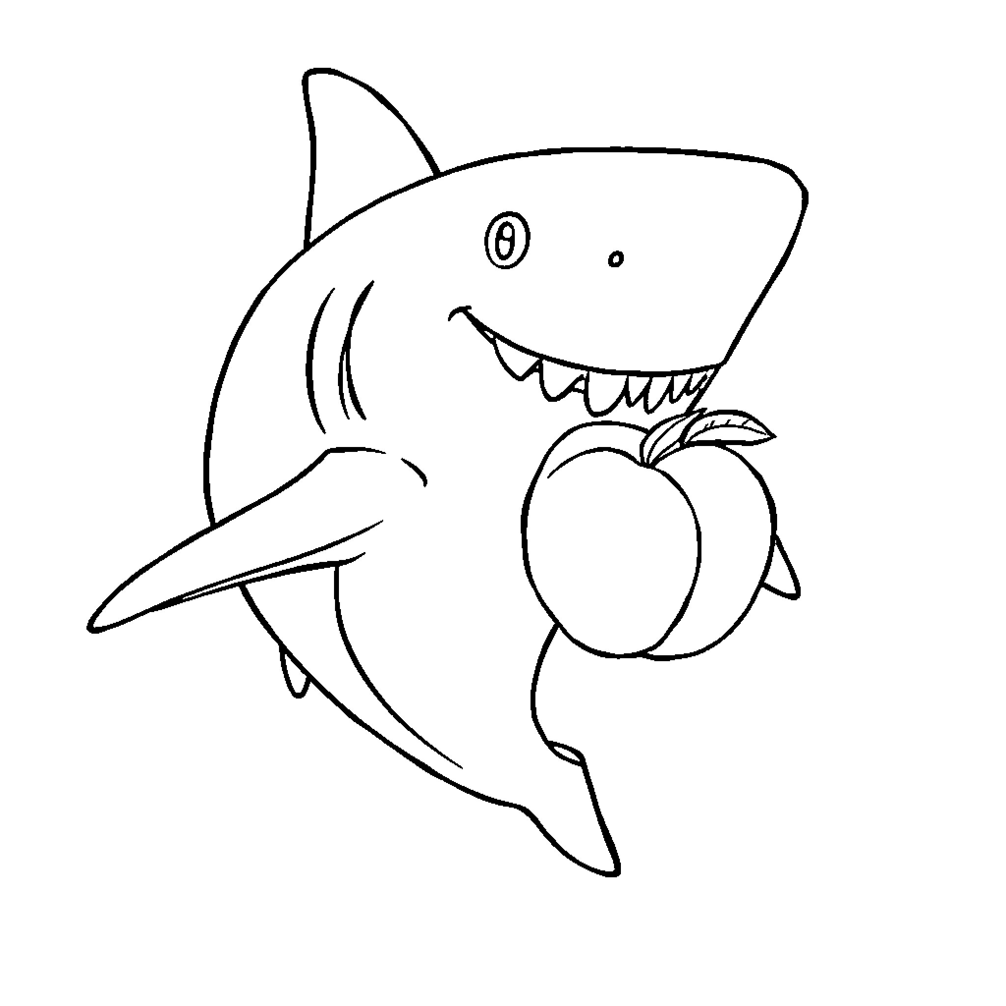 Shark eating an apple happily Coloring Page (free black-and-white line drawing printable PDF for all, from beginners to advanced learners, including children, teens, adults, and seniors)