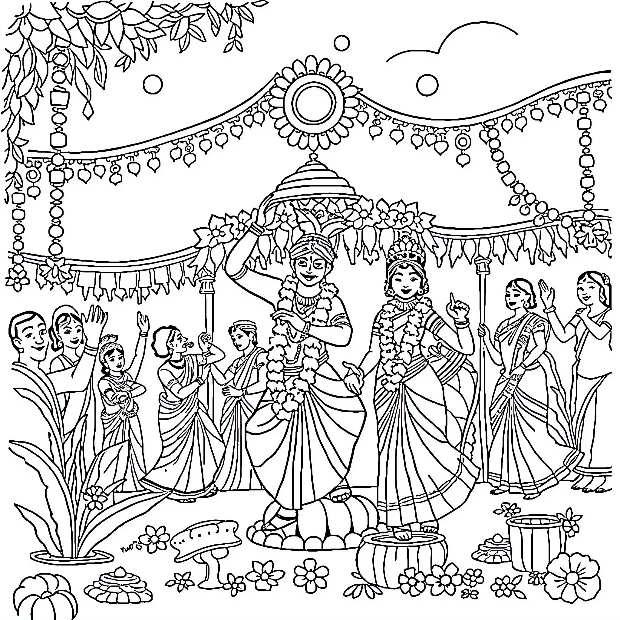 Onam celebration with traditional dance and decoration Coloring Page (free black-and-white line drawing printable PDF for all, from beginners to advanced learners, including children, teens, adults, and seniors)