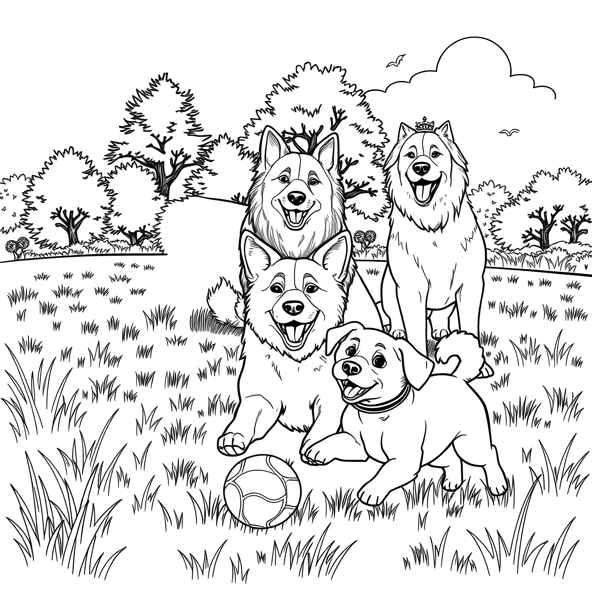 Dog family playing and enjoying nature Coloring Page (free black-and-white line drawing printable PDF for all, from beginners to advanced learners, including children, teens, adults, and seniors)