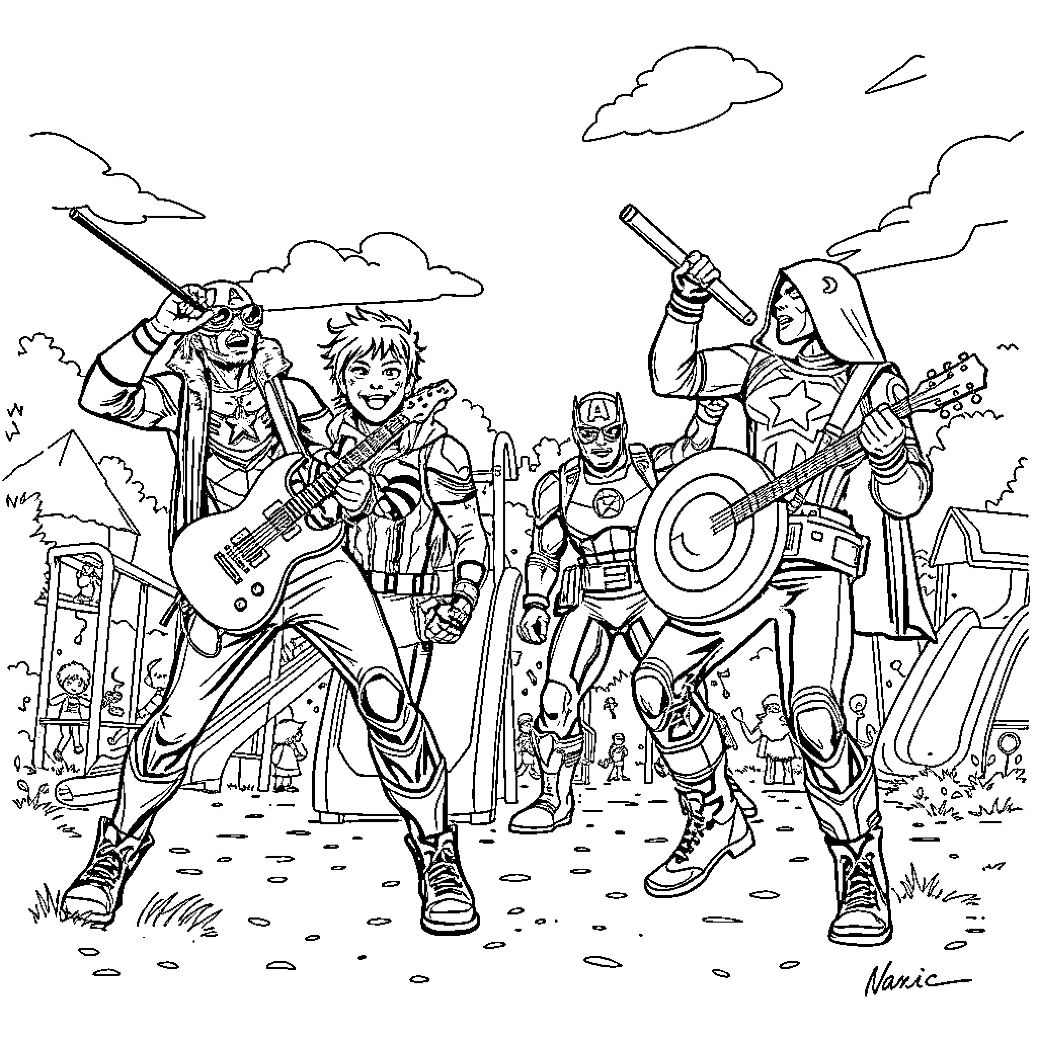 Blink 182 Rock Band Members Performing on Stage Coloring Page (free black-and-white line drawing printable PDF for all, from beginners to advanced learners, including children, teens, adults, and seniors)