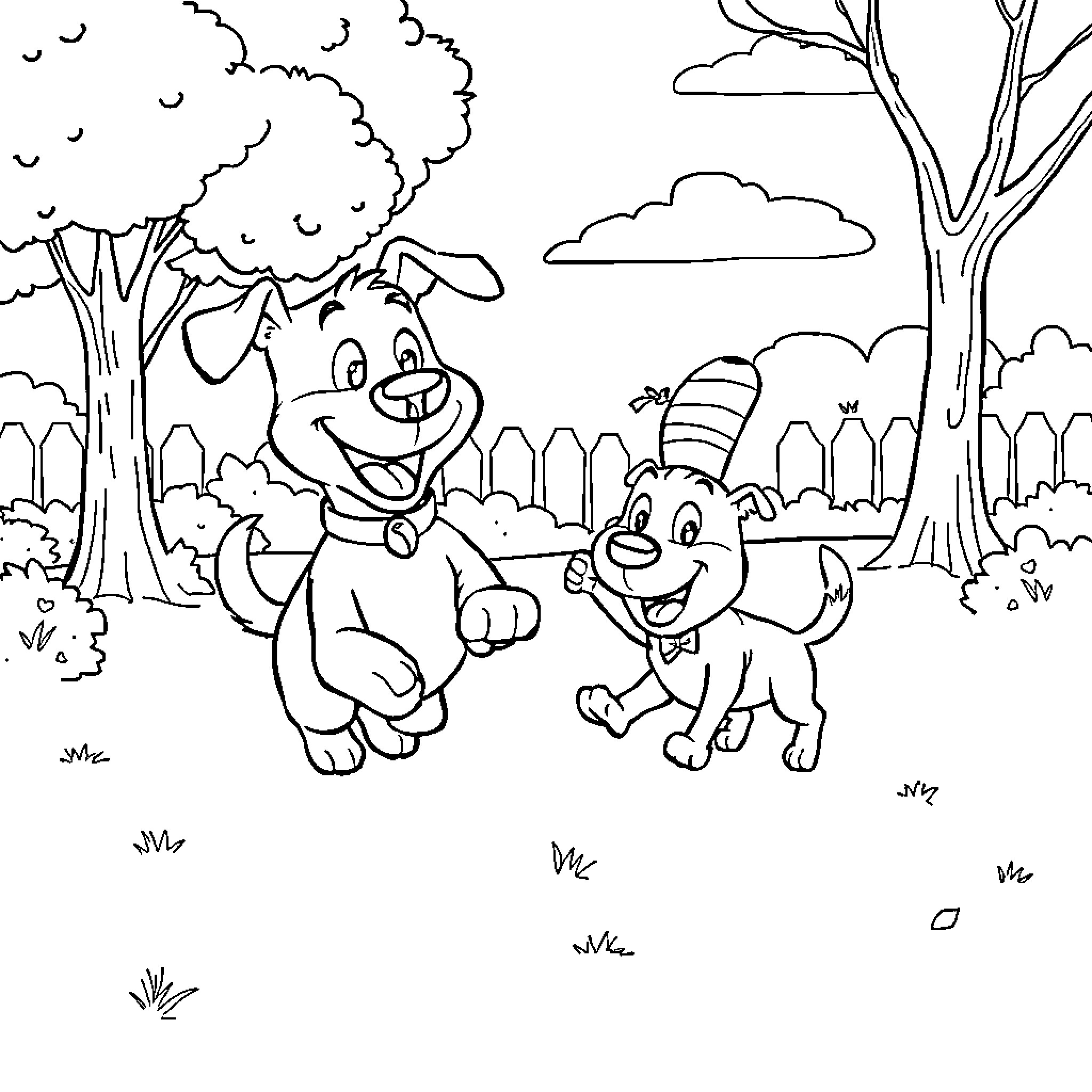 Kipper's Playful Adventure in the Outdoors Coloring Page (free black-and-white line drawing printable PDF for all, from beginners to advanced learners, including children, teens, adults, and seniors)