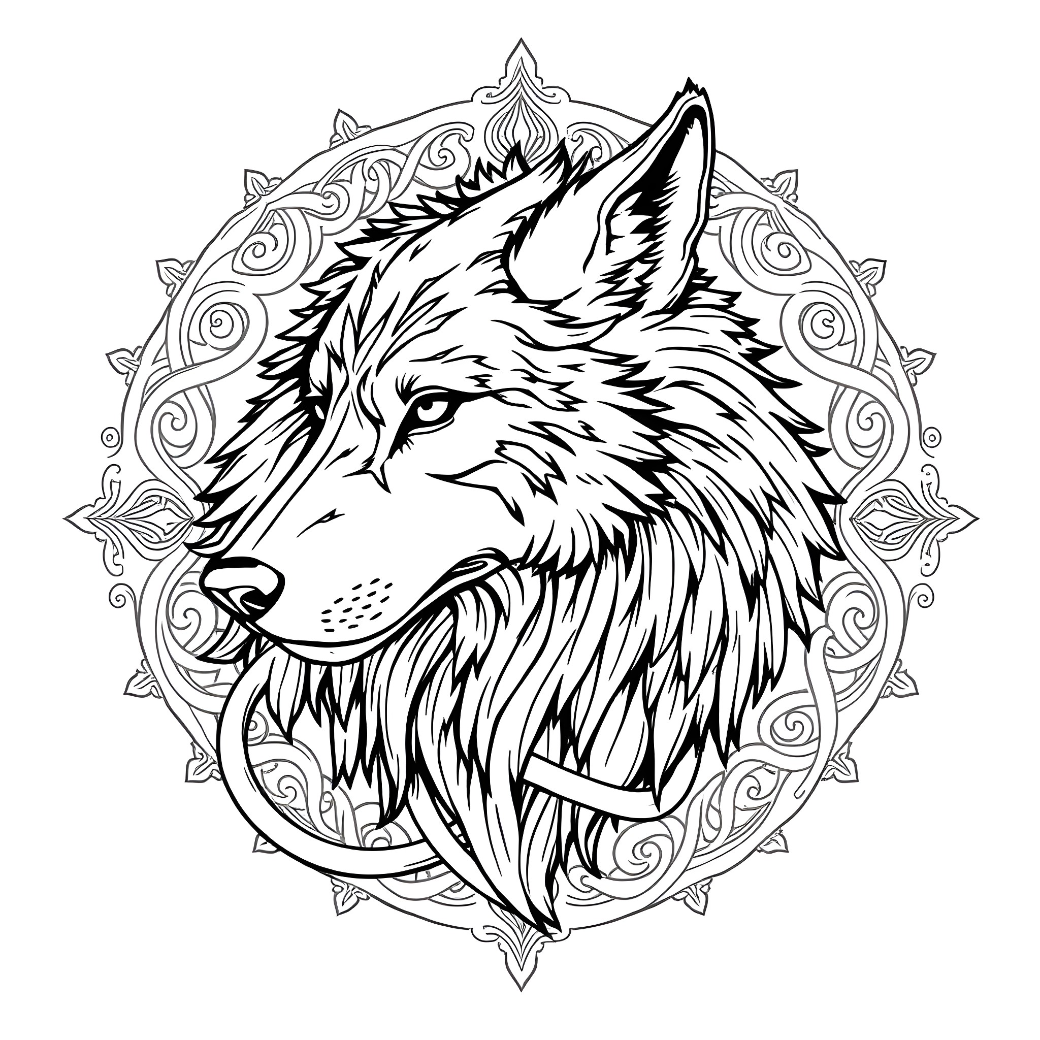 Wolf's Majestic Gaze within Ornate Frame Coloring Page (free black-and-white line drawing printable PDF for all, from beginners to advanced learners, including children, teens, adults, and seniors)