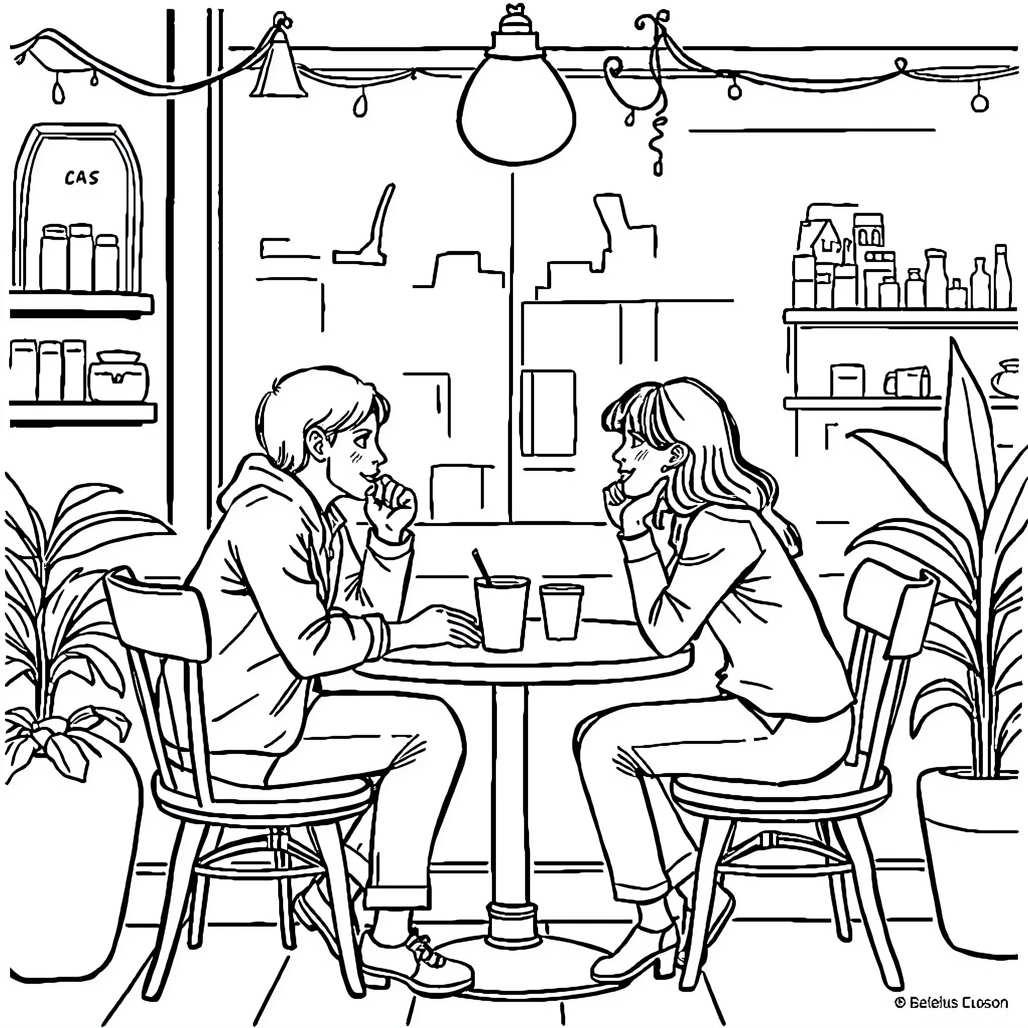 Cat Couple Enjoying Coffee at Cafe Coloring Page (free black-and-white line drawing printable PDF for all, from beginners to advanced learners, including children, teens, adults, and seniors)