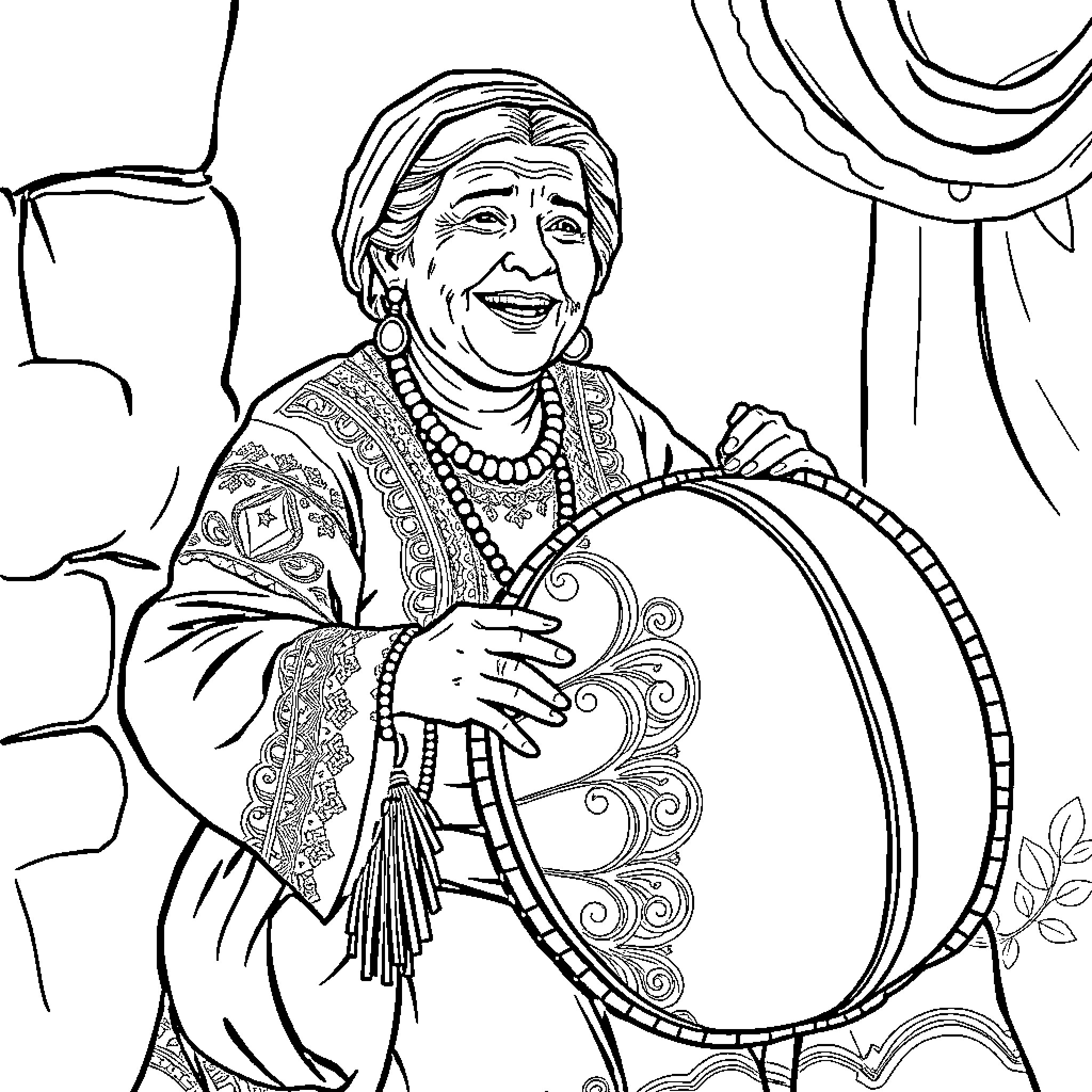 Grandmother playing the tambourine with joy and enthusiasm Coloring Page (free black-and-white line drawing printable PDF for all, from beginners to advanced learners, including children, teens, adults, and seniors)