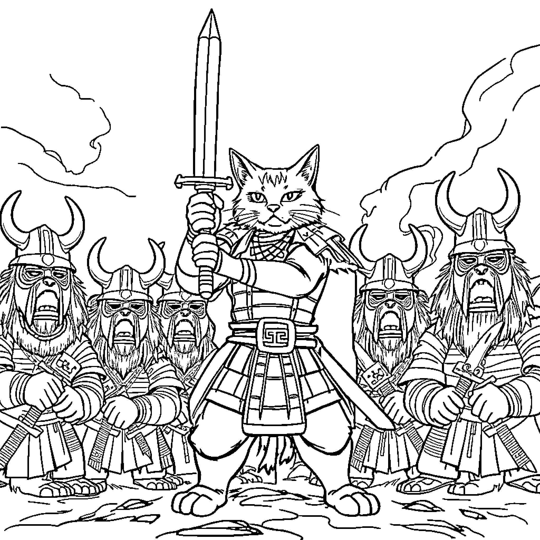 Samurai Cat leading a group of warrior cats Coloring Page (free black-and-white line drawing printable PDF for all, from beginners to advanced learners, including children, teens, adults, and seniors)