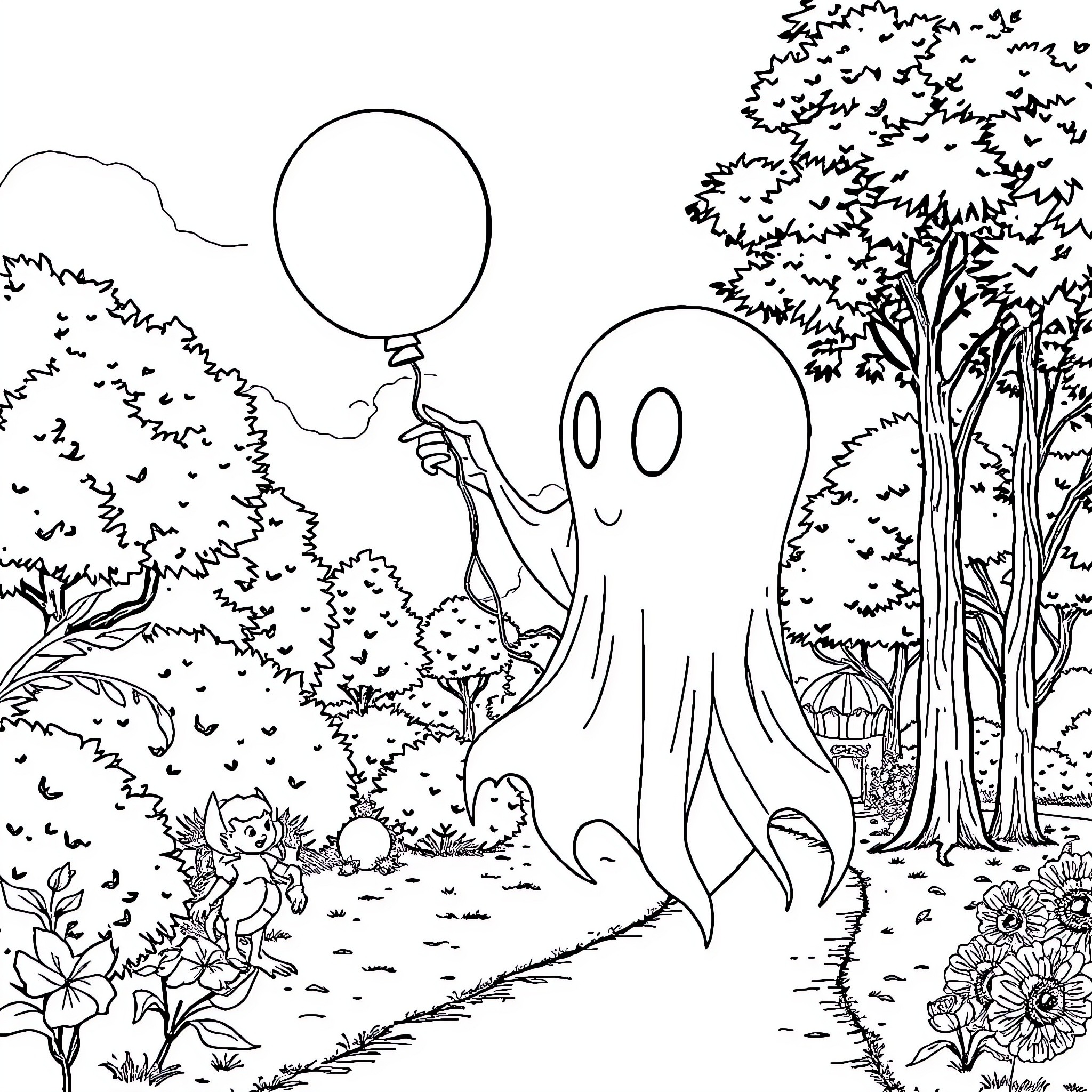 Ectoplasm haunting a whimsical woodland scene Coloring Page (free black-and-white line drawing printable PDF for all, from beginners to advanced learners, including children, teens, adults, and seniors)