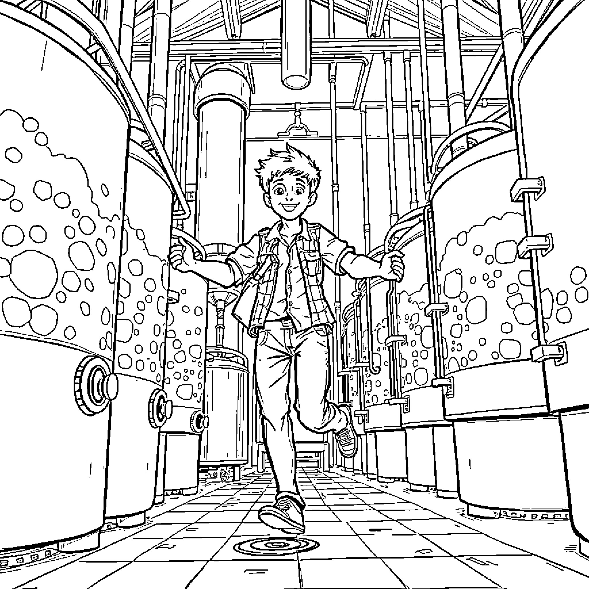Dude exploring the intriguing workshop Coloring Page (free black-and-white line drawing printable PDF for all, from beginners to advanced learners, including children, teens, adults, and seniors)