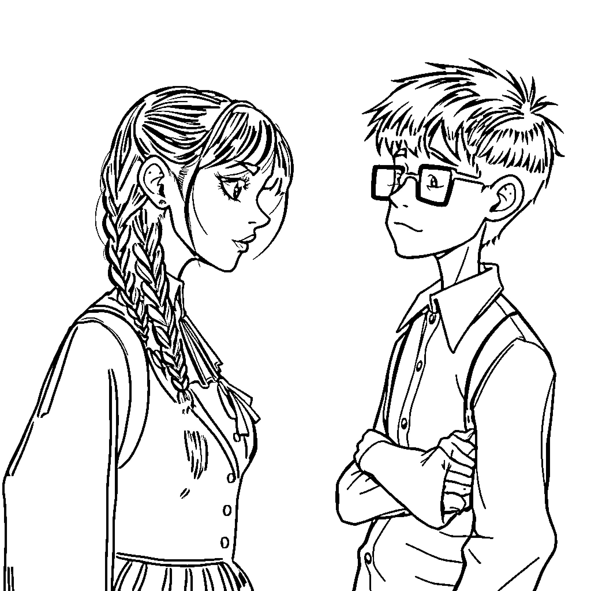 Wednesday Addams in a pensive moment with her geeky classmate Coloring Page (free black-and-white line drawing printable PDF for all, from beginners to advanced learners, including children, teens, adults, and seniors)