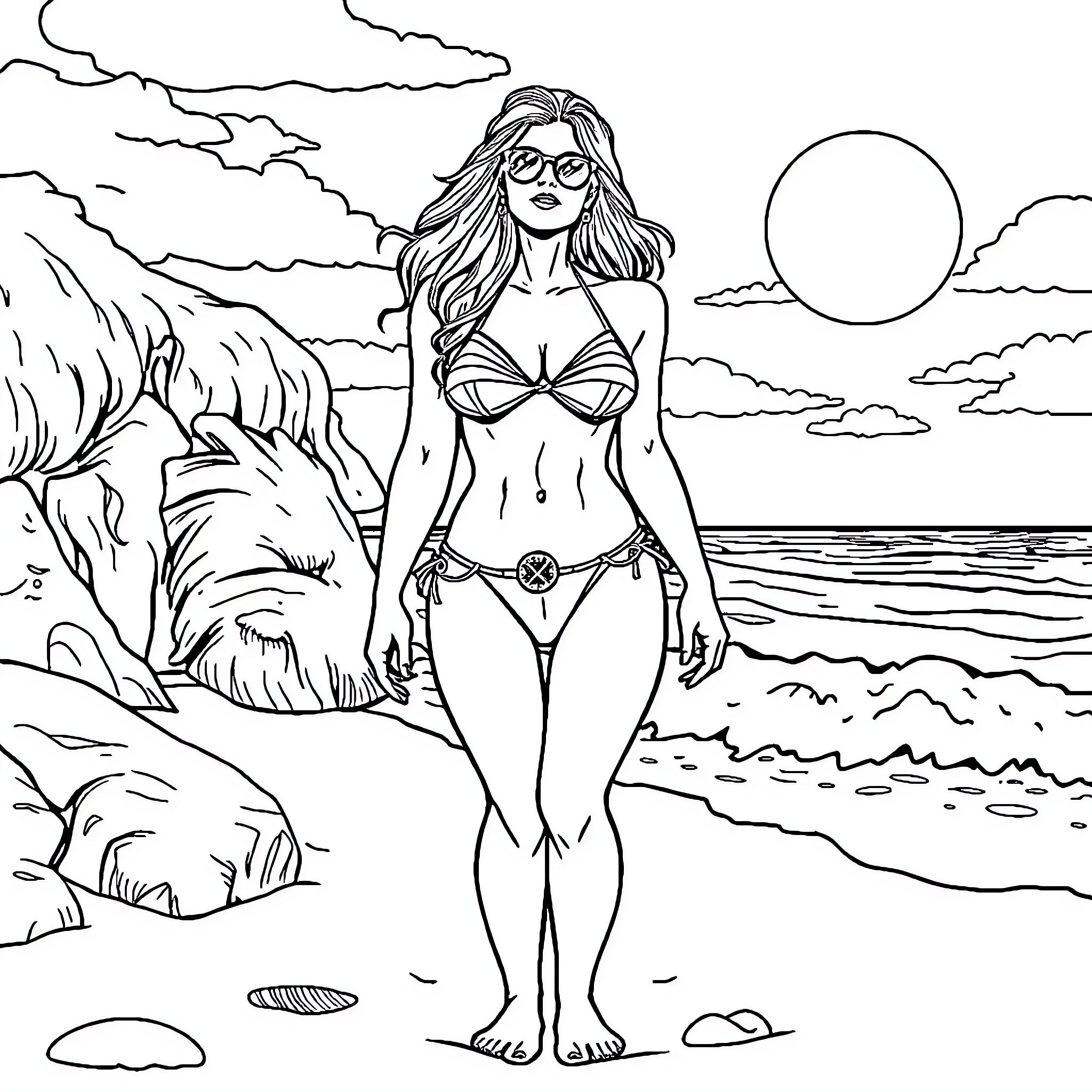 Woman in bikini enjoying scenic beach Coloring Page (free black-and-white line drawing printable PDF for all, from beginners to advanced learners, including children, teens, adults, and seniors)