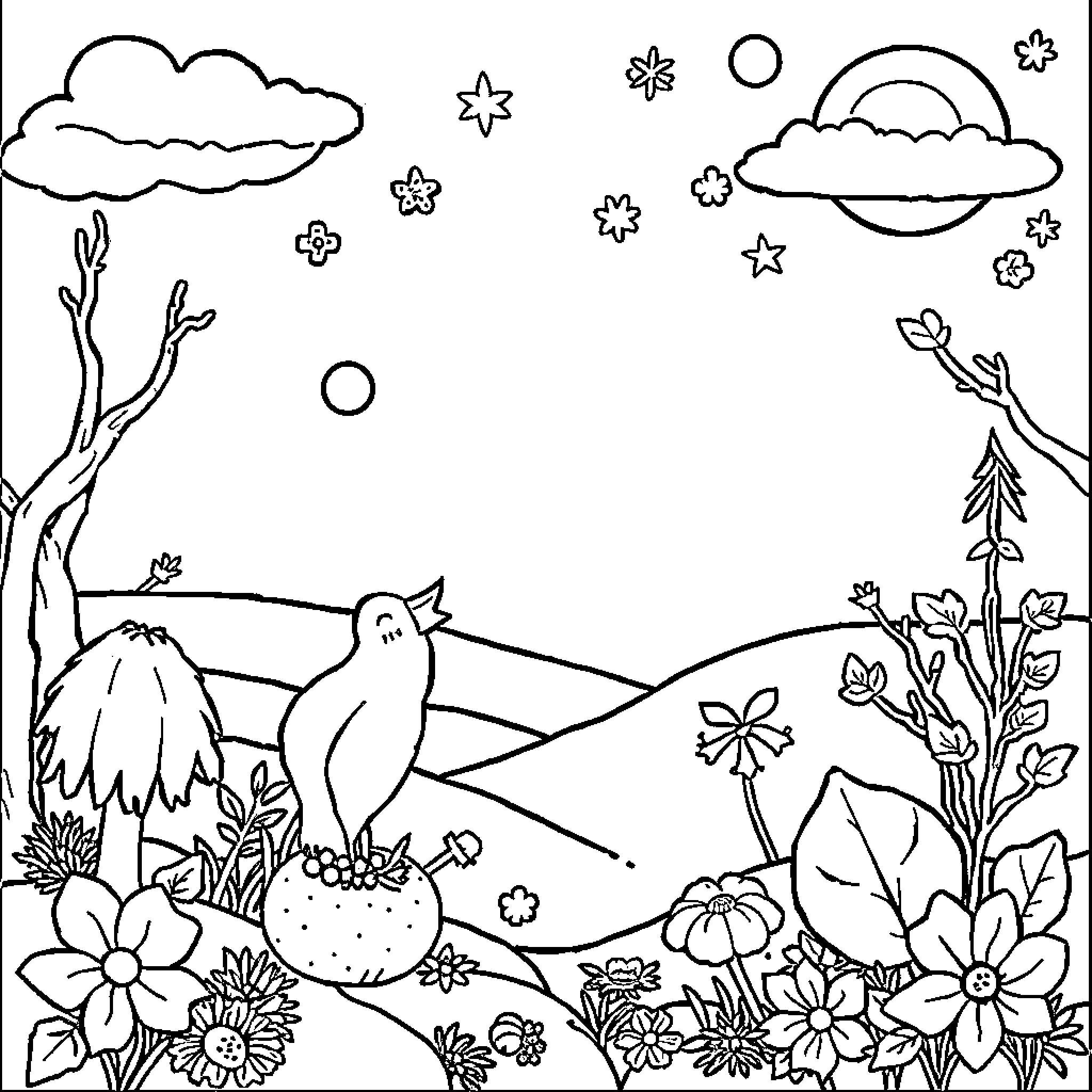 Season Outdoor Scenery with Whimsical Creatures Coloring Page (free black-and-white line drawing printable PDF for all, from beginners to advanced learners, including children, teens, adults, and seniors)
