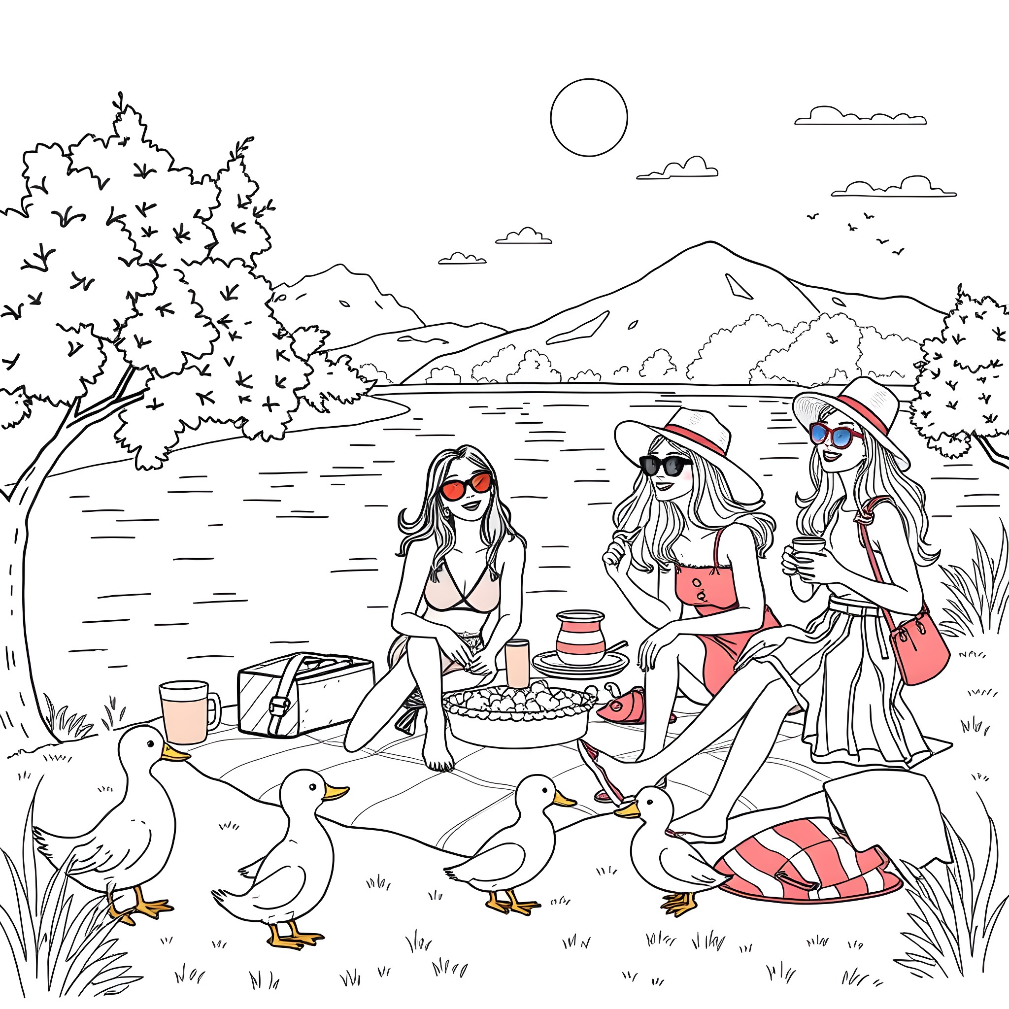 Summer friends enjoying a picnic by the lake Coloring Page (free black-and-white line drawing printable PDF for all, from beginners to advanced learners, including children, teens, adults, and seniors)