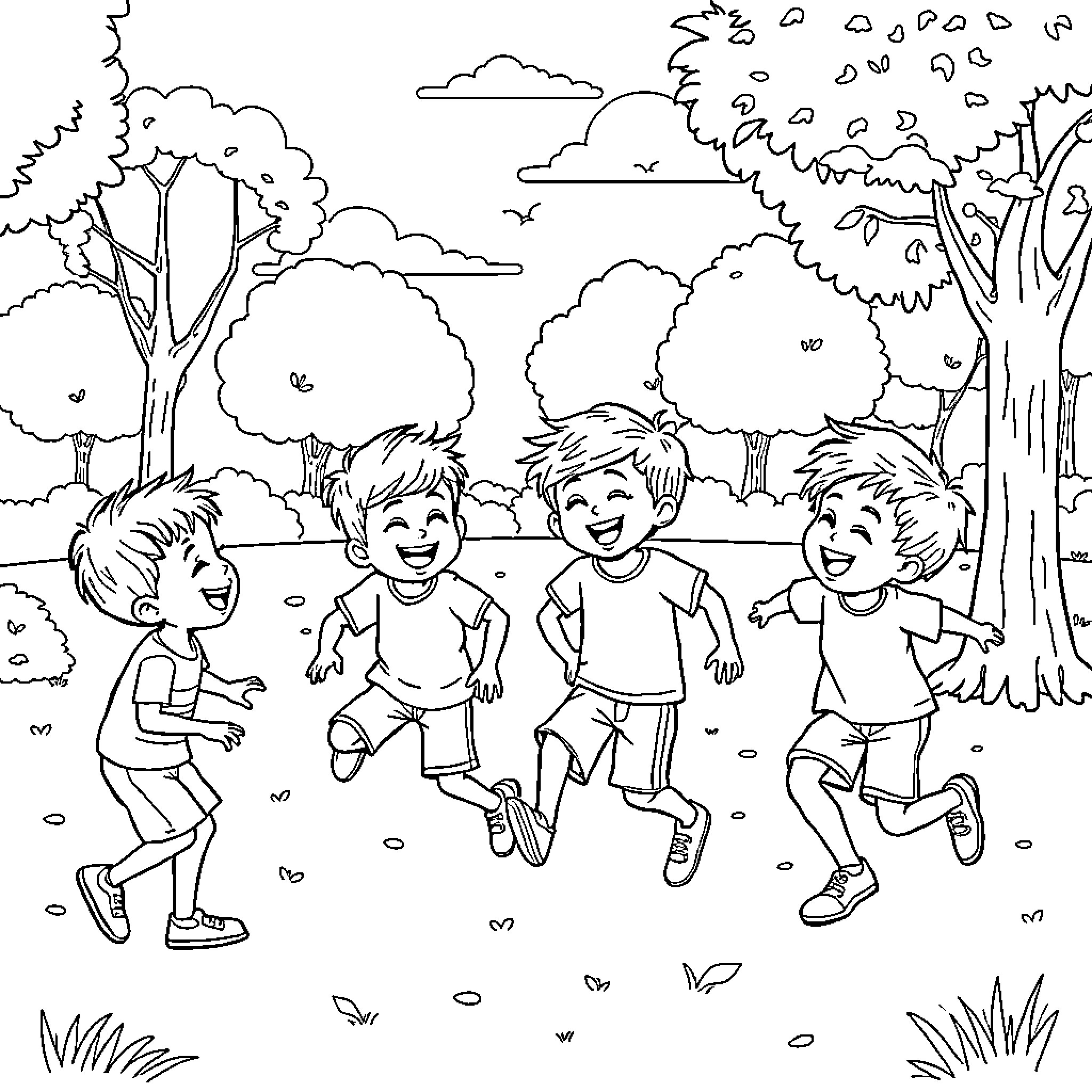 Saja Boys Enjoying Outdoor Adventure Coloring Page (free black-and-white line drawing printable PDF for all, from beginners to advanced learners, including children, teens, adults, and seniors)