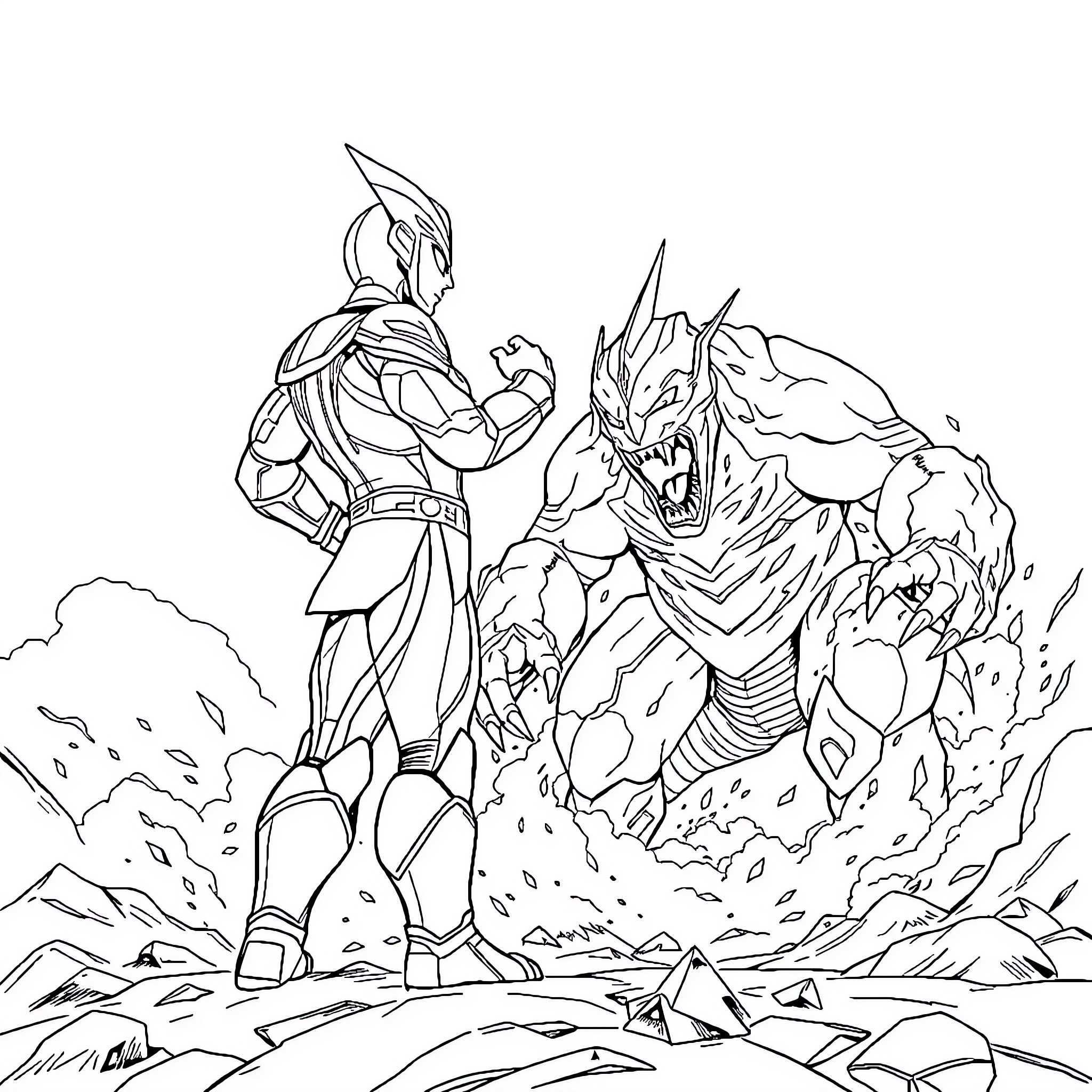 Ultraman battles a fierce kaiju creature Coloring Page (free black-and-white line drawing printable PDF for all, from beginners to advanced learners, including children, teens, adults, and seniors)