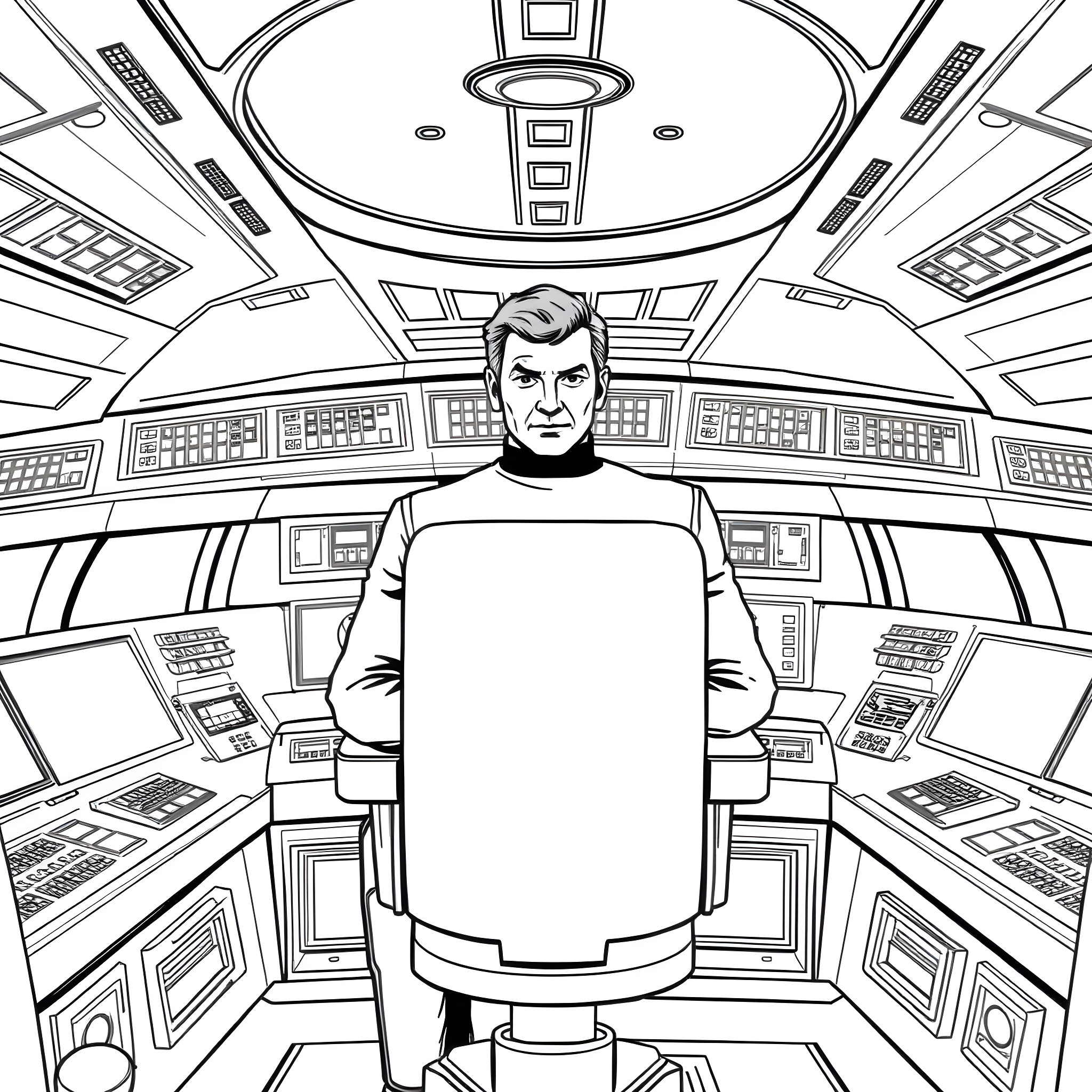 Admiral commanding the spaceship interior Coloring Page (free black-and-white line drawing printable PDF for all, from beginners to advanced learners, including children, teens, adults, and seniors)