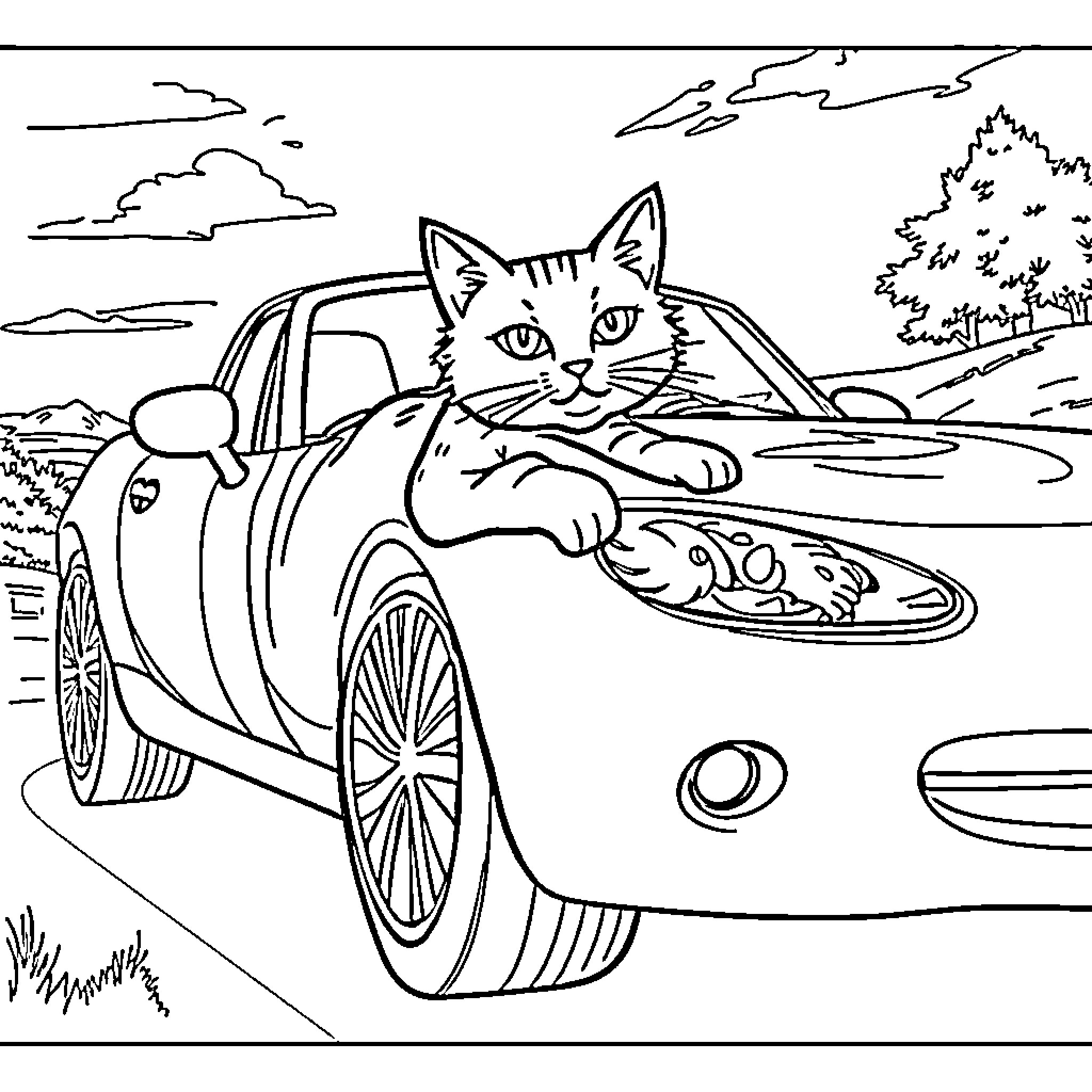 Miata with a curious cat exploring the outdoors Coloring Page (free black-and-white line drawing printable PDF for all, from beginners to advanced learners, including children, teens, adults, and seniors)