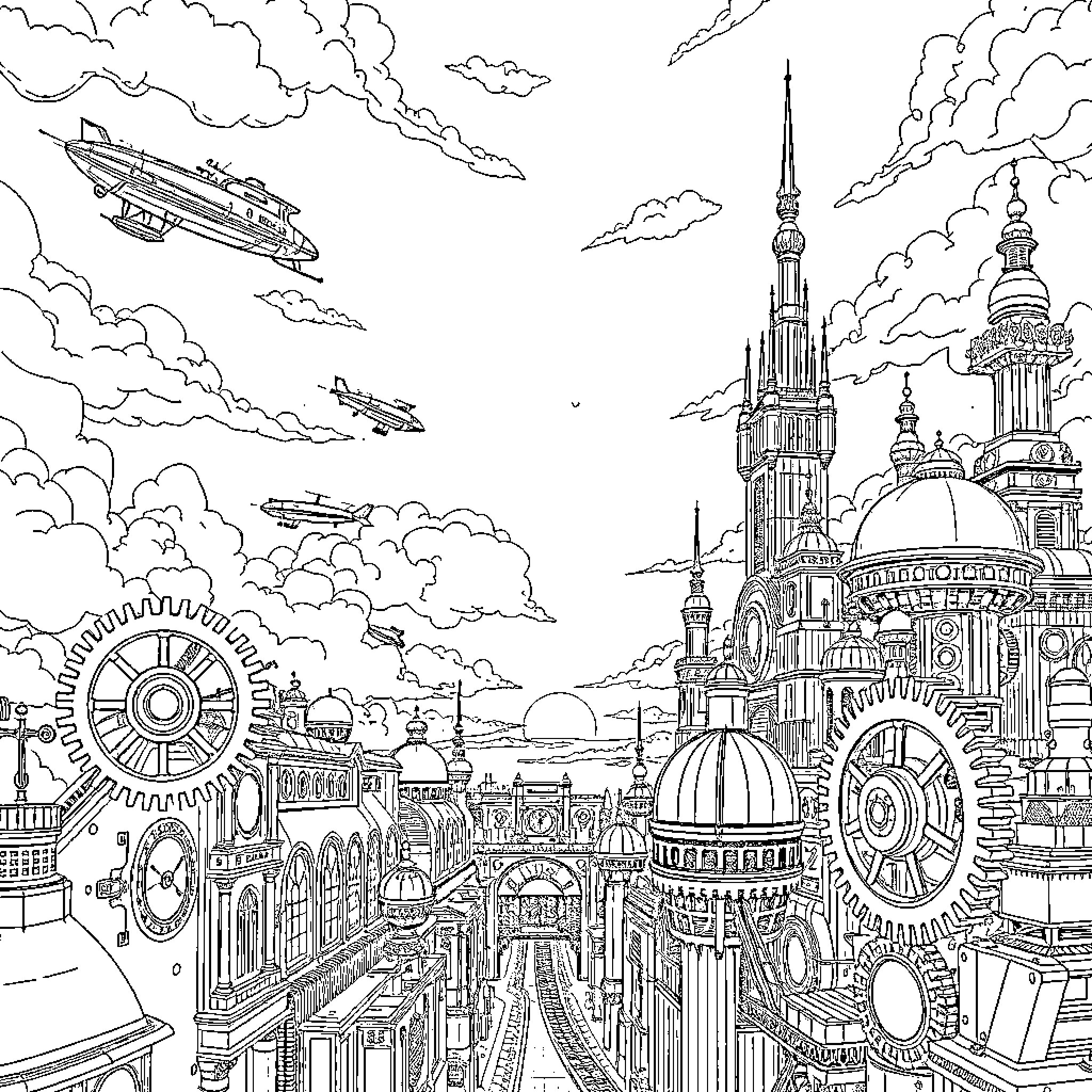 Metropolis with floating vehicles and ornate architecture Coloring Page (free black-and-white line drawing printable PDF for all, from beginners to advanced learners, including children, teens, adults, and seniors)