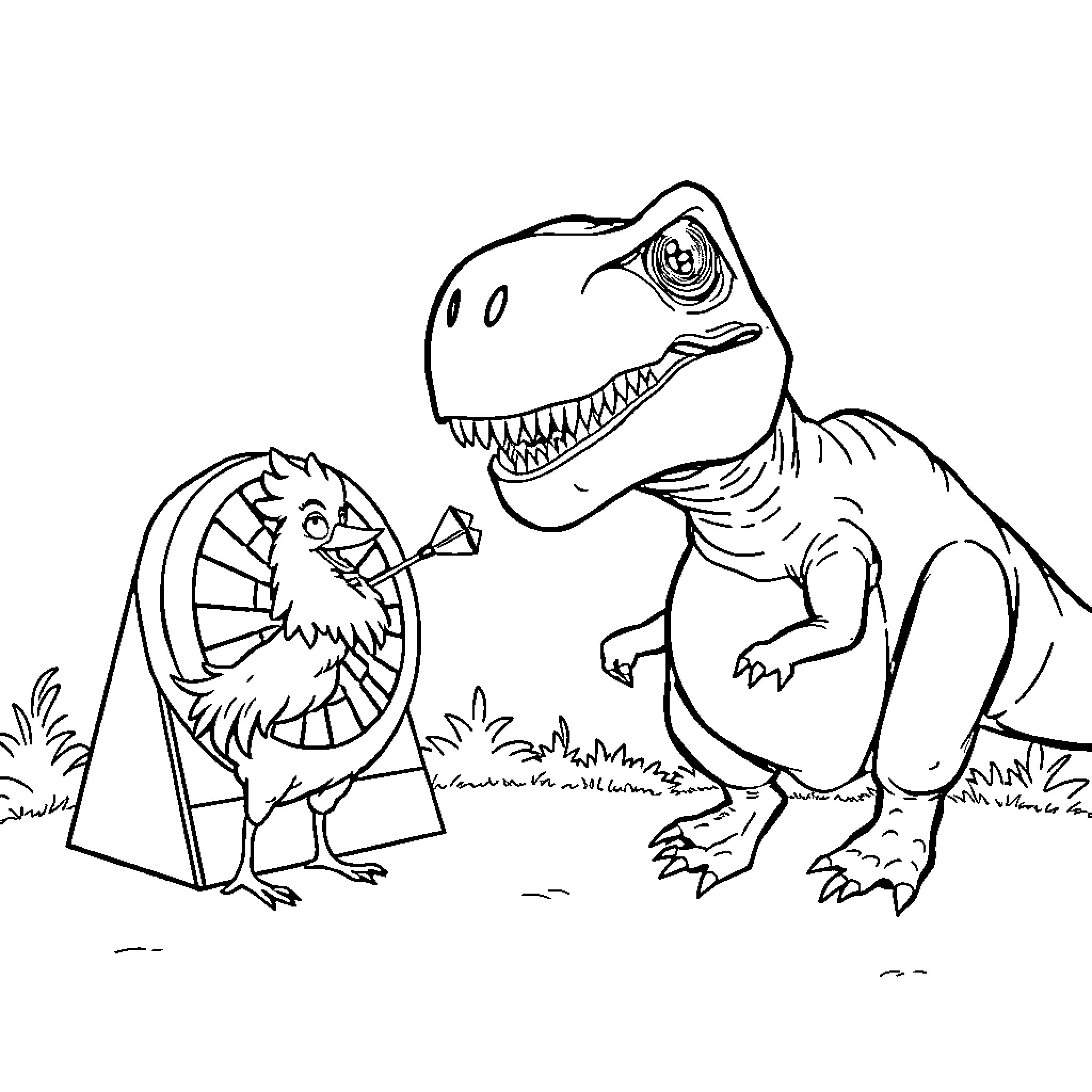 Chicken Dinosaurs Engaging in Playful Interaction Coloring Page (free black-and-white line drawing printable PDF for all, from beginners to advanced learners, including children, teens, adults, and seniors)