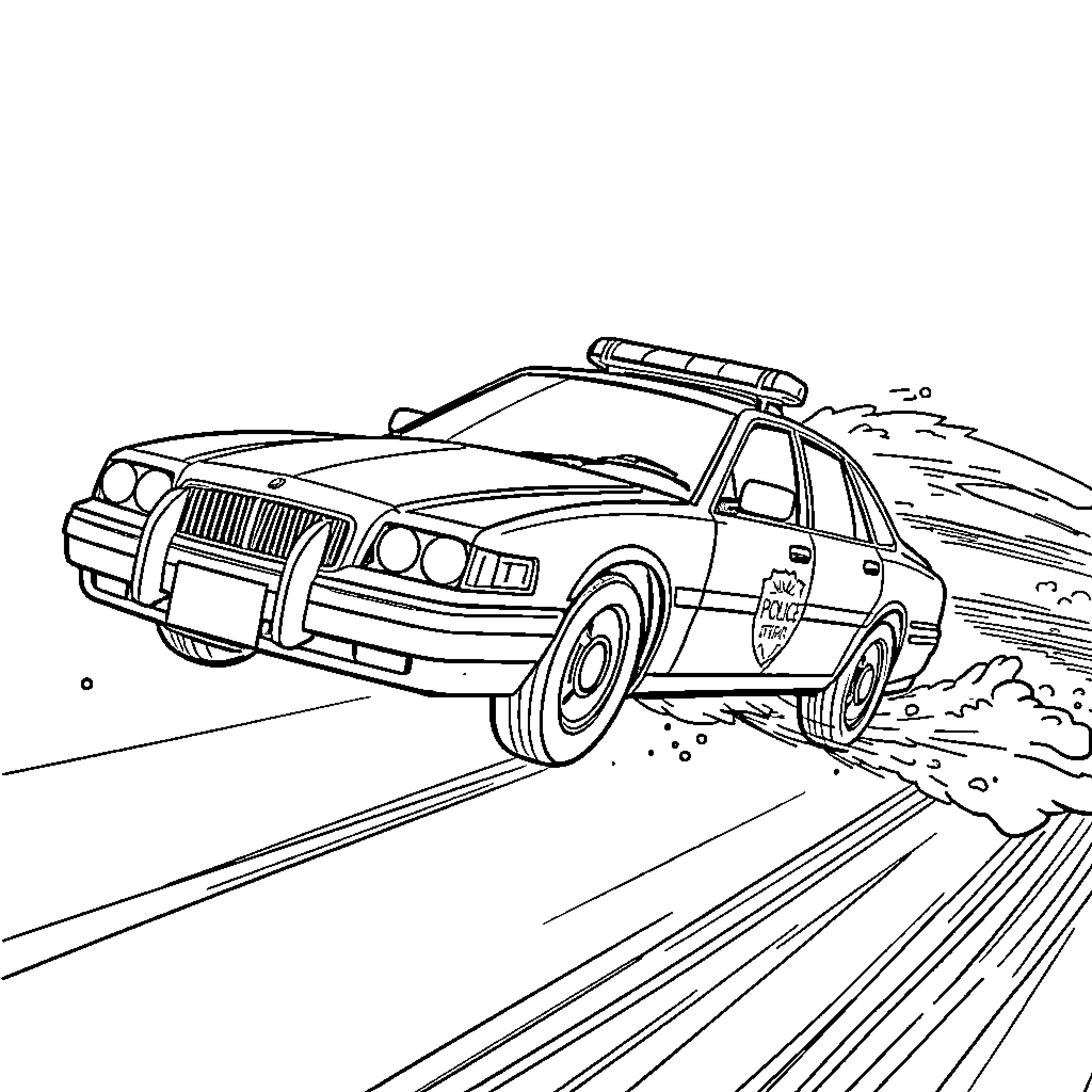 Flying Police Car in Hot Pursuit Coloring Page (free black-and-white line drawing printable PDF for all, from beginners to advanced learners, including children, teens, adults, and seniors)