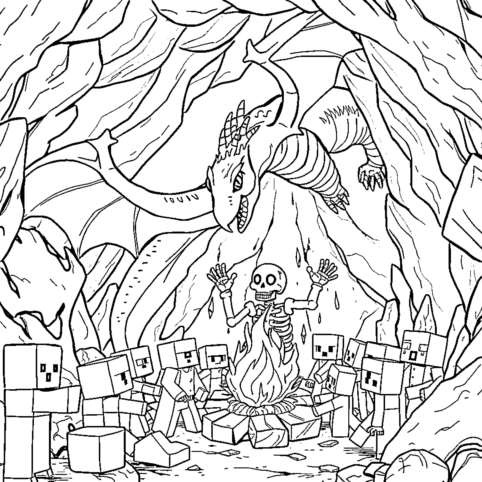 Dragon Unleashing Fiery Wrath over Fearful Villagers Coloring Page (free black-and-white line drawing printable PDF for all, from beginners to advanced learners, including children, teens, adults, and seniors)