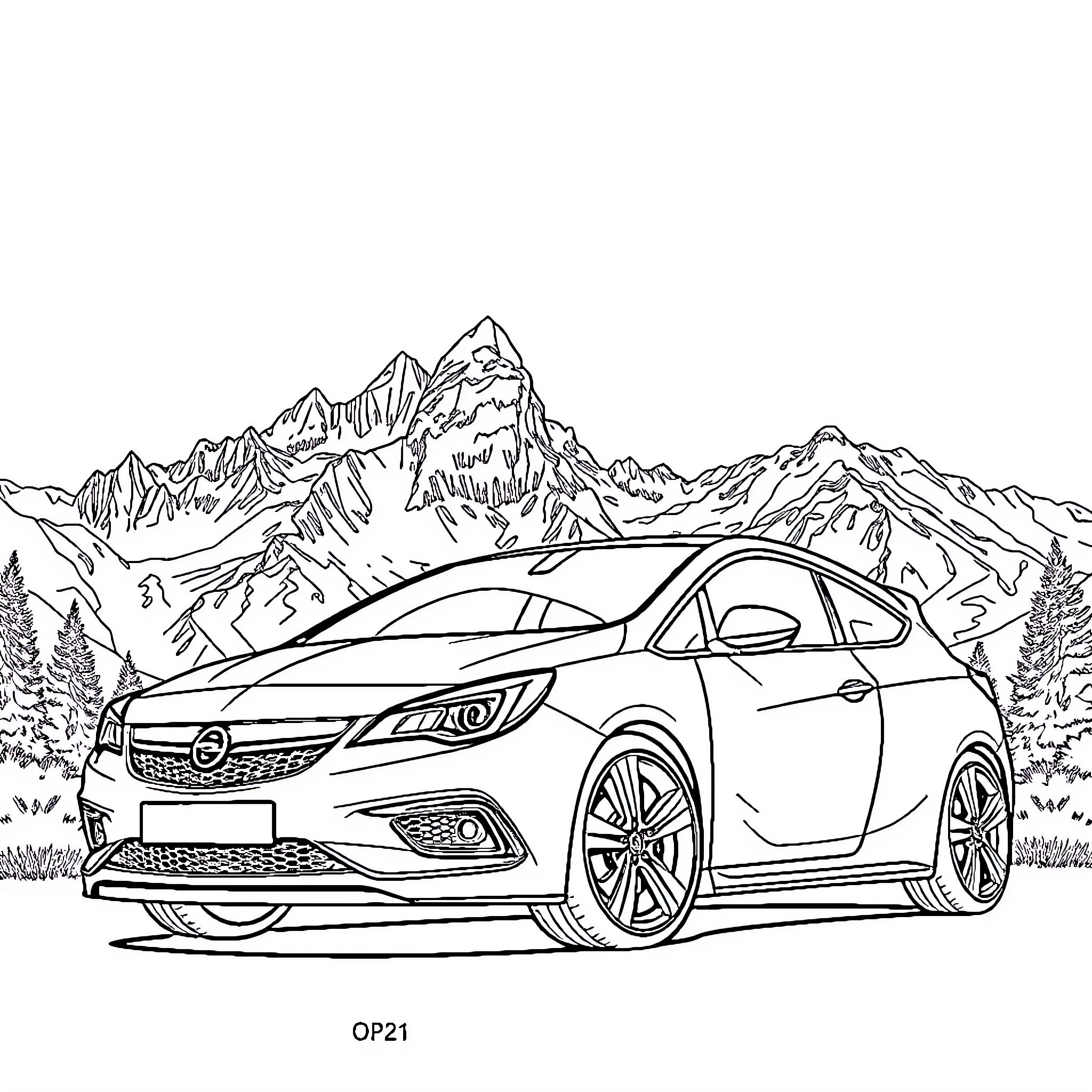 Opel Astra in a scenic mountain landscape Coloring Page (free black-and-white line drawing printable PDF for all, from beginners to advanced learners, including children, teens, adults, and seniors)