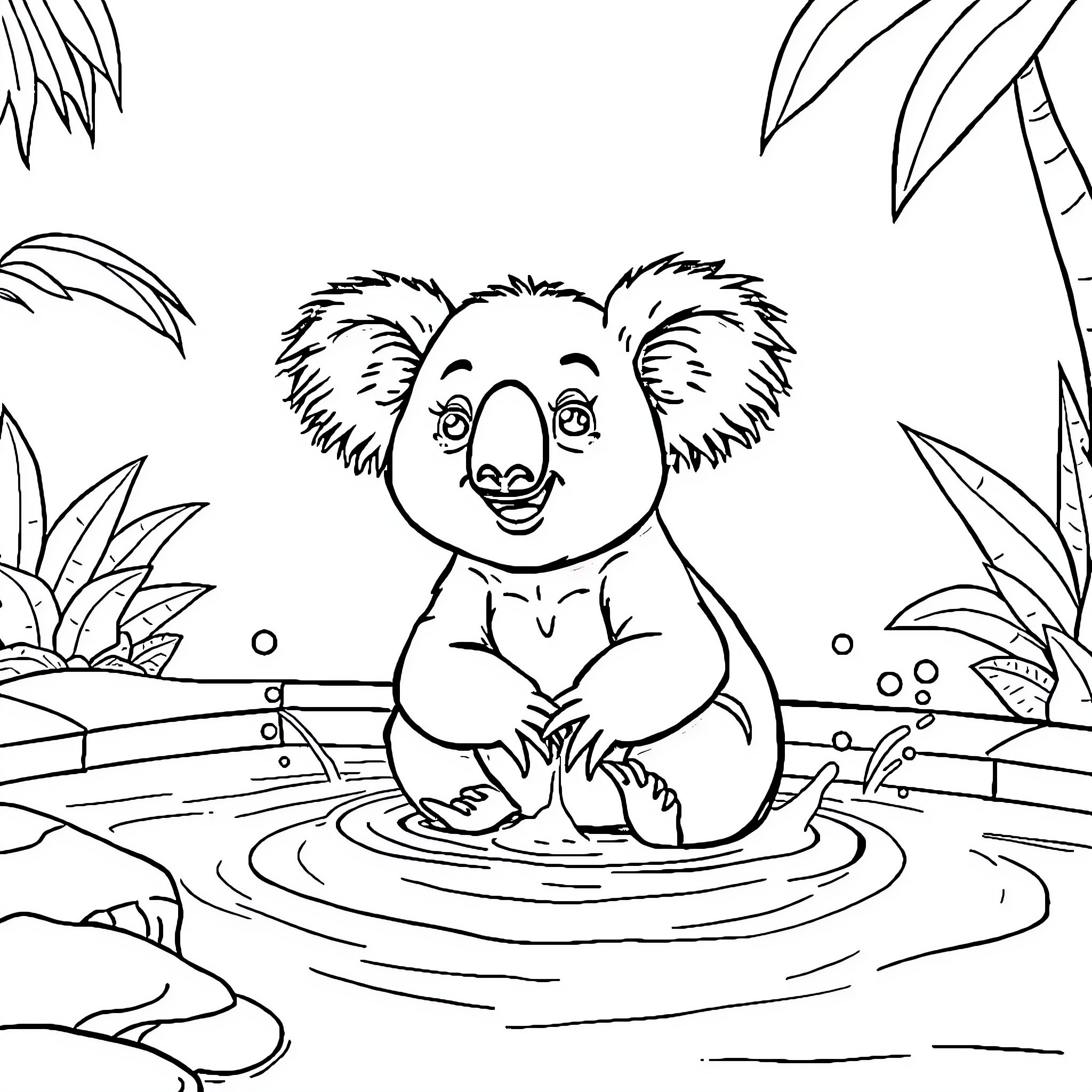 Koala cooling off in tranquil pool Coloring Page (free black-and-white line drawing printable PDF for all, from beginners to advanced learners, including children, teens, adults, and seniors)