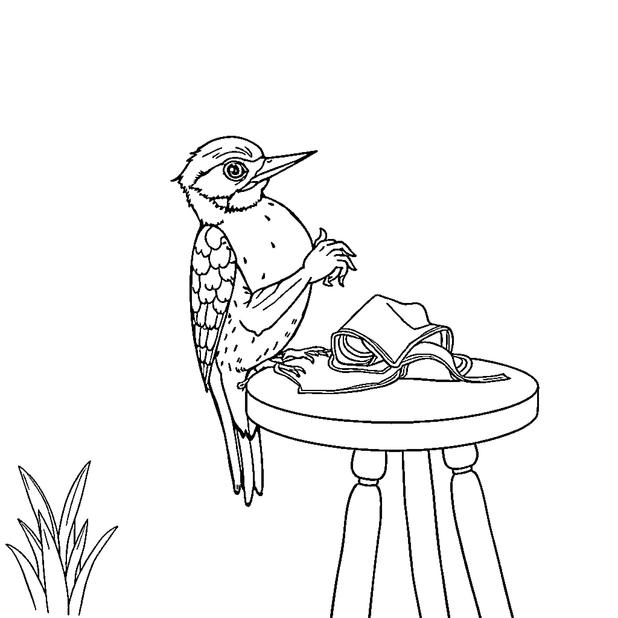 Woodpecker exploring a birdbath Coloring Page (free black-and-white line drawing printable PDF for all, from beginners to advanced learners, including children, teens, adults, and seniors)
