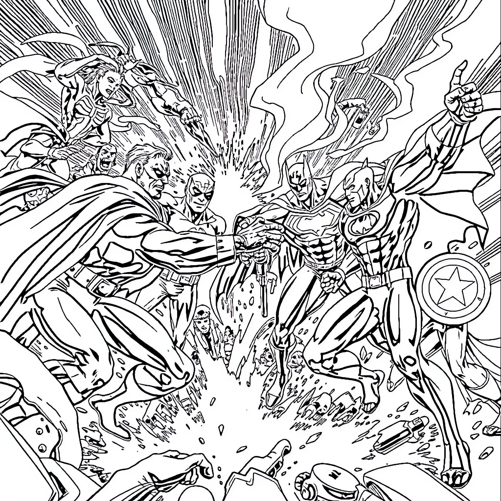 Marvel Heroes in Epic Battle Scene Coloring Page (free black-and-white line drawing printable PDF for all, from beginners to advanced learners, including children, teens, adults, and seniors)