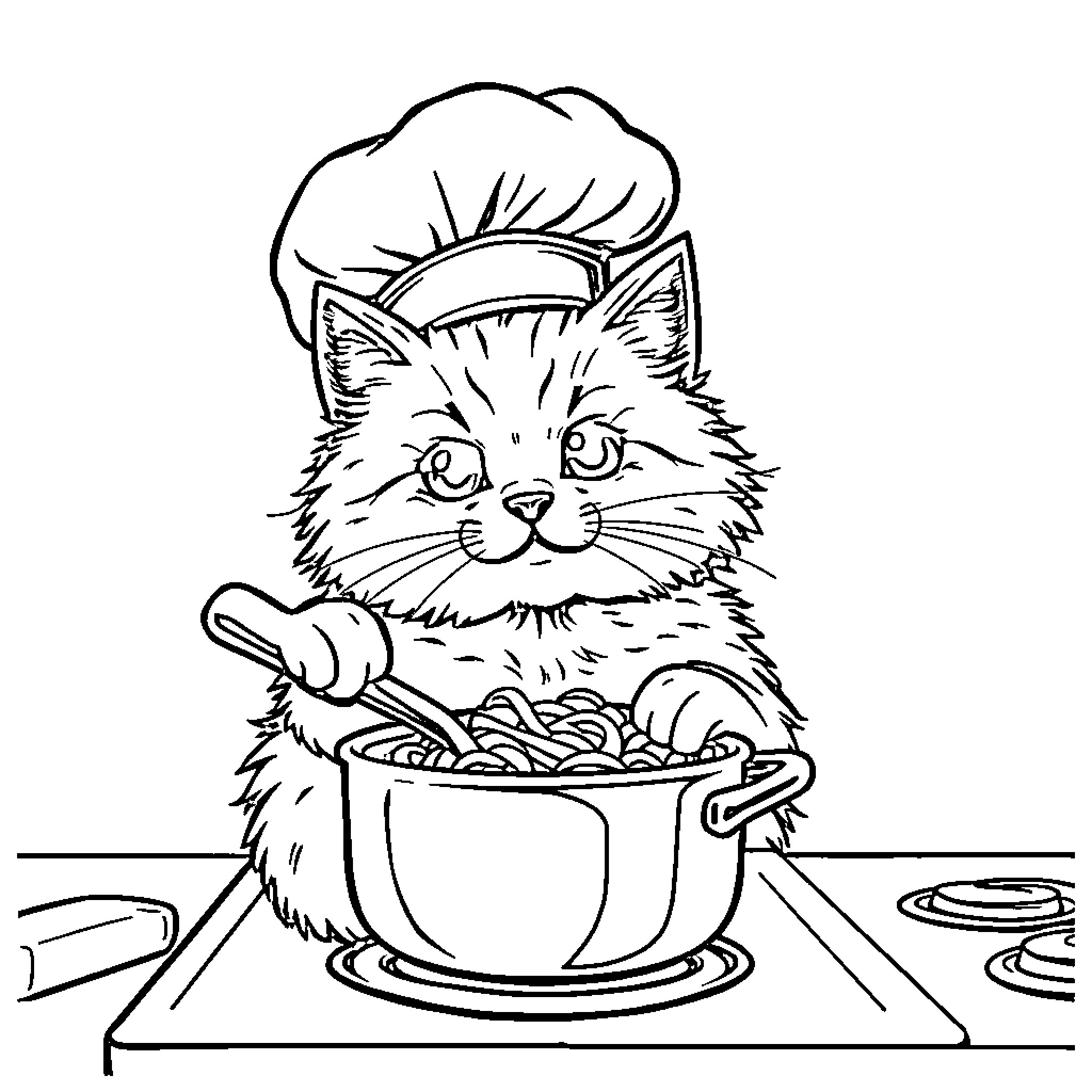 Cat chef cooking in the kitchen Coloring Page (free black-and-white line drawing printable PDF for all, from beginners to advanced learners, including children, teens, adults, and seniors)