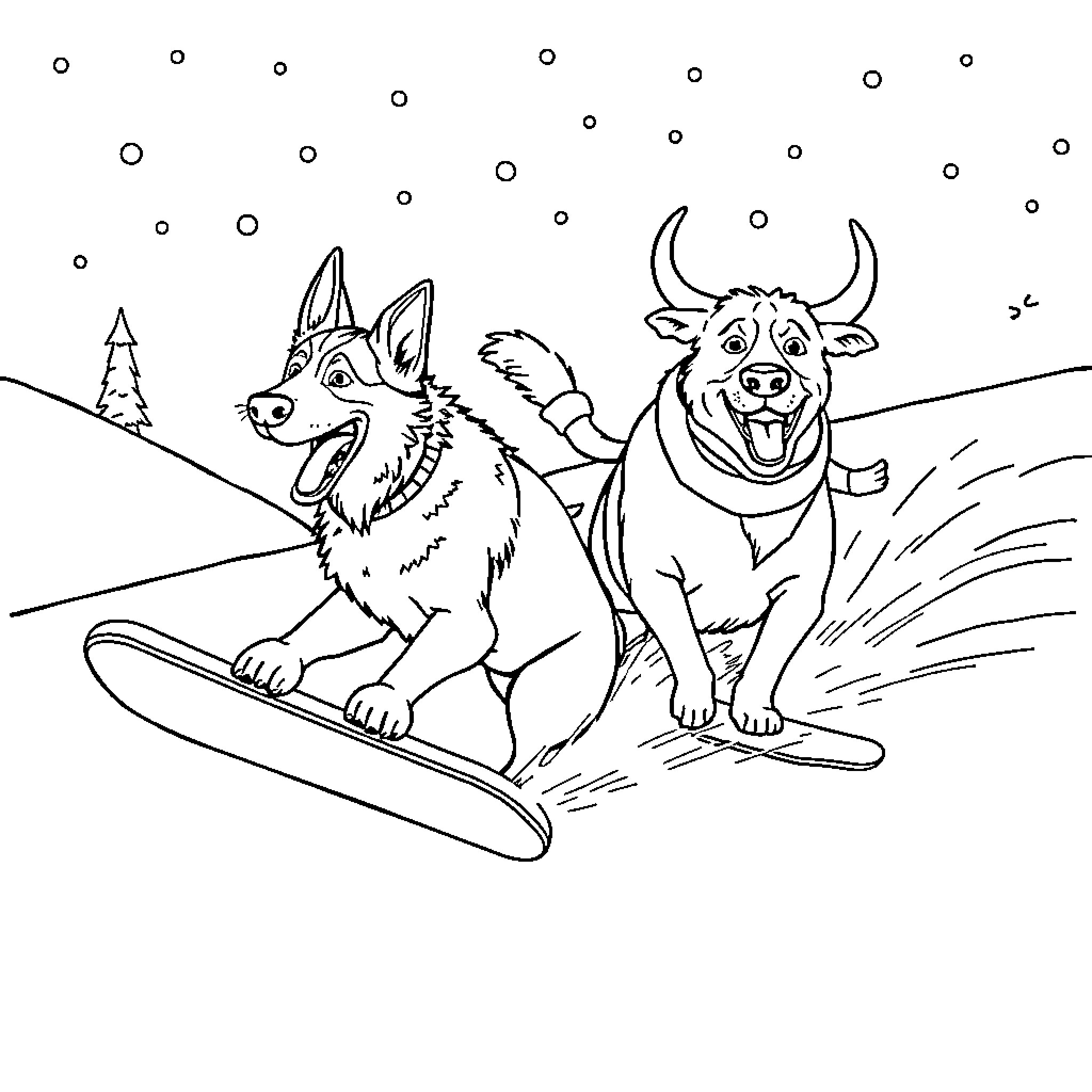 Dog and Bull Surfing on Winter Waves Coloring Page (free black-and-white line drawing printable PDF for all, from beginners to advanced learners, including children, teens, adults, and seniors)