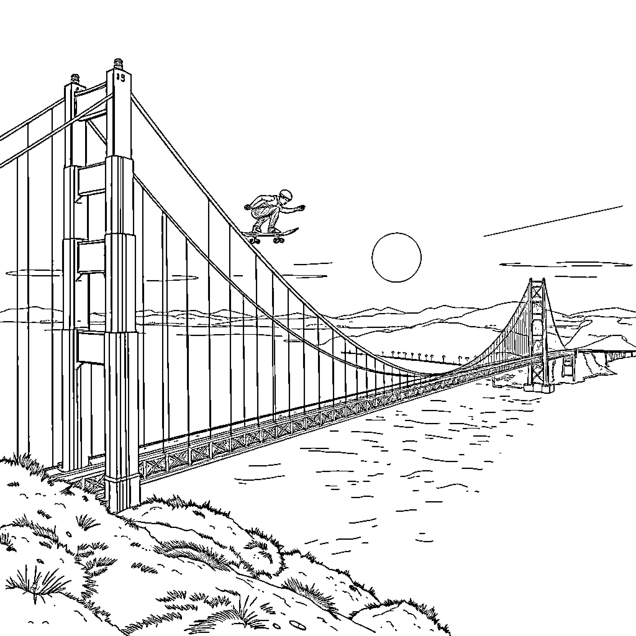 Skateboard rider jumping across iconic bridge Coloring Page (free black-and-white line drawing printable PDF for all, from beginners to advanced learners, including children, teens, adults, and seniors)