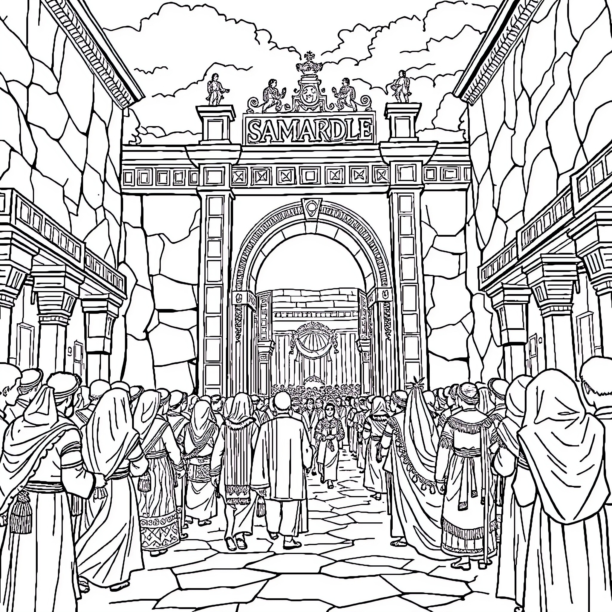 Door to a Bustling and Historic Market Scene Coloring Page (free black-and-white line drawing printable PDF for all, from beginners to advanced learners, including children, teens, adults, and seniors)