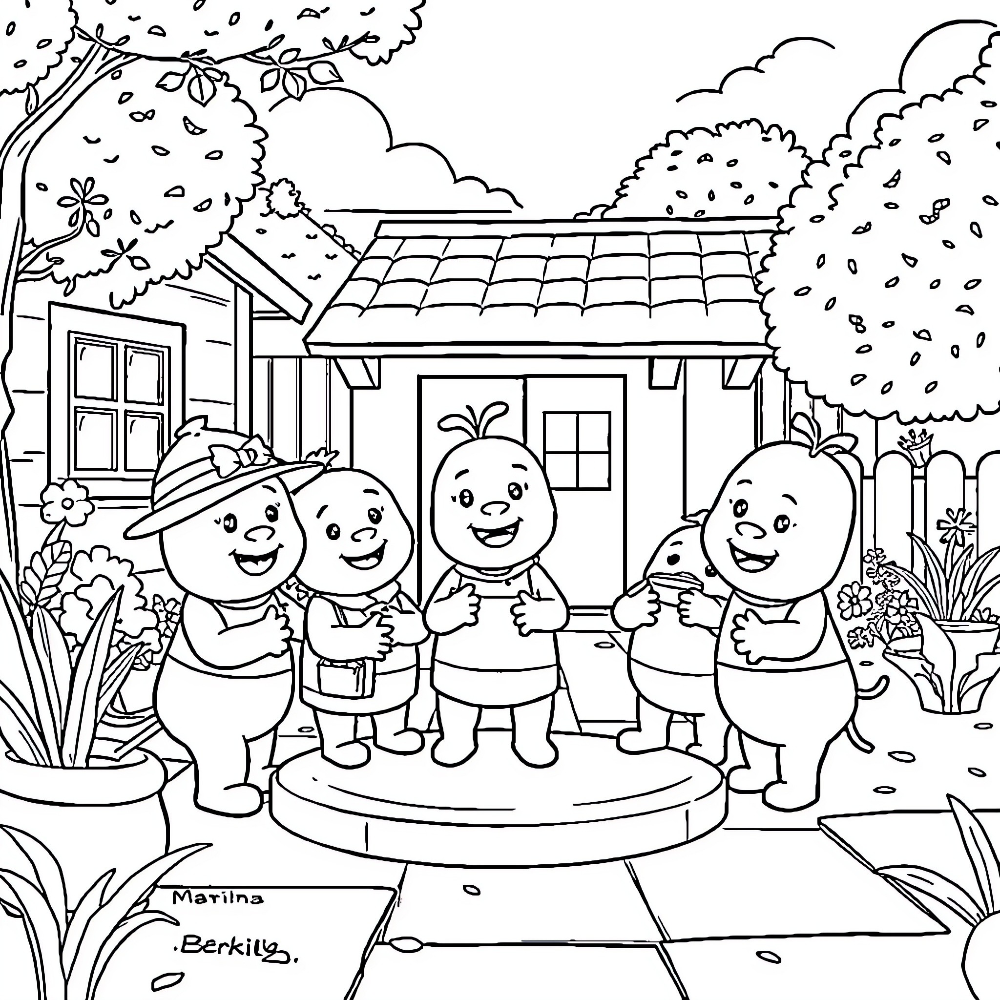Backyardigans enjoying a lively outdoor scene Coloring Page (free black-and-white line drawing printable PDF for all, from beginners to advanced learners, including children, teens, adults, and seniors)