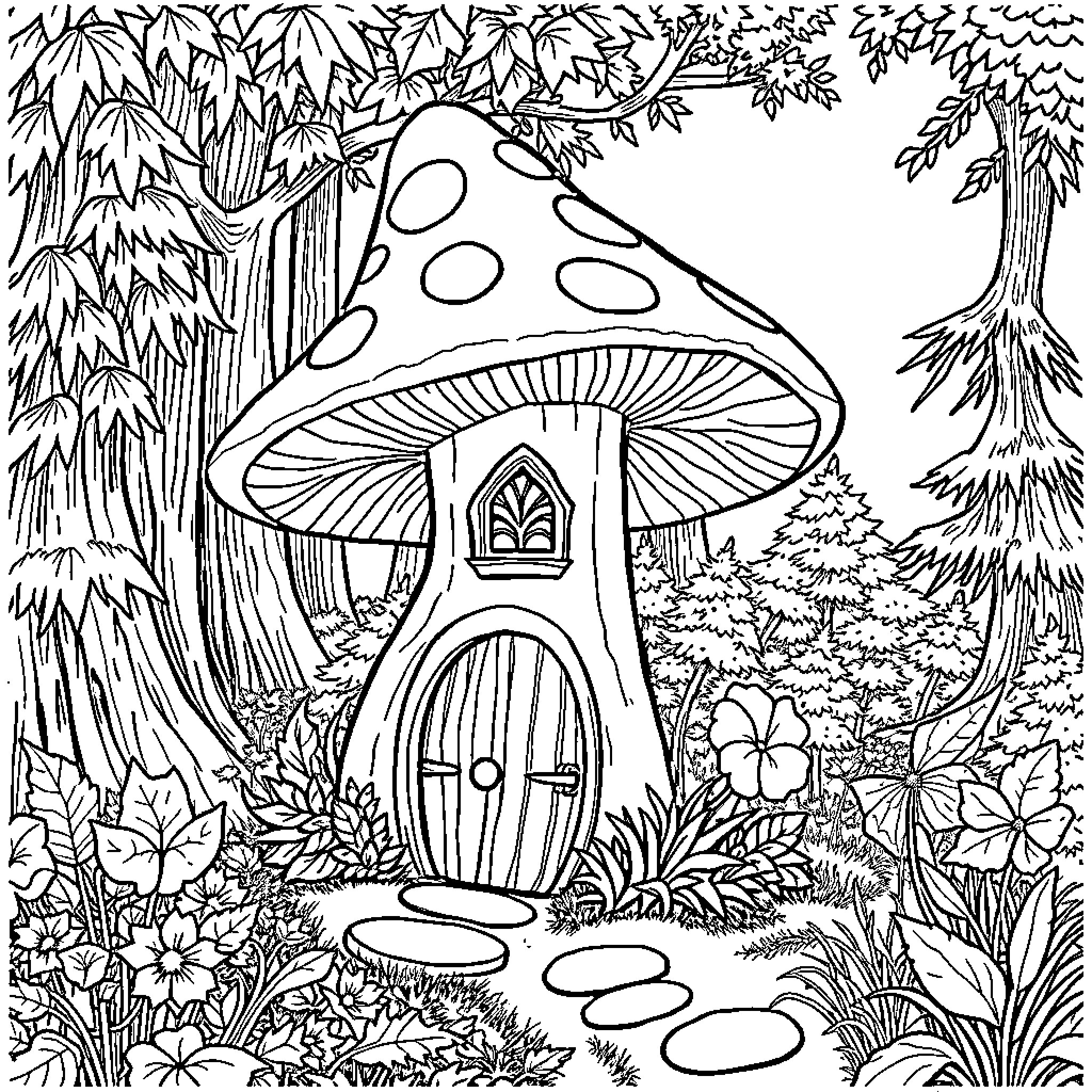 Fairy Mushroom House in Enchanted Forest Coloring Page (free black-and-white line drawing printable PDF for all, from beginners to advanced learners, including children, teens, adults, and seniors)