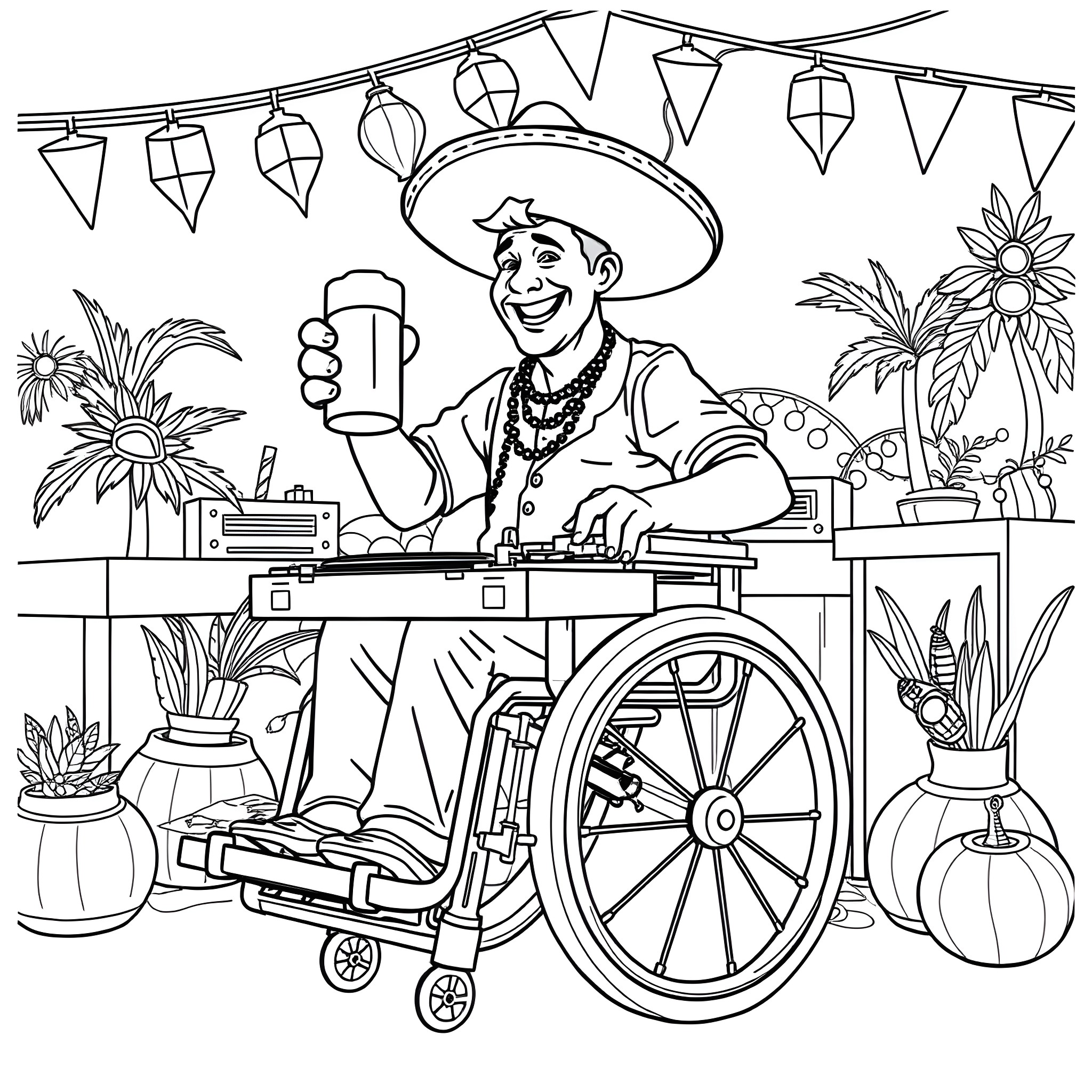 Man selling drinks at a festive outdoor market Coloring Page (free black-and-white line drawing printable PDF for all, from beginners to advanced learners, including children, teens, adults, and seniors)