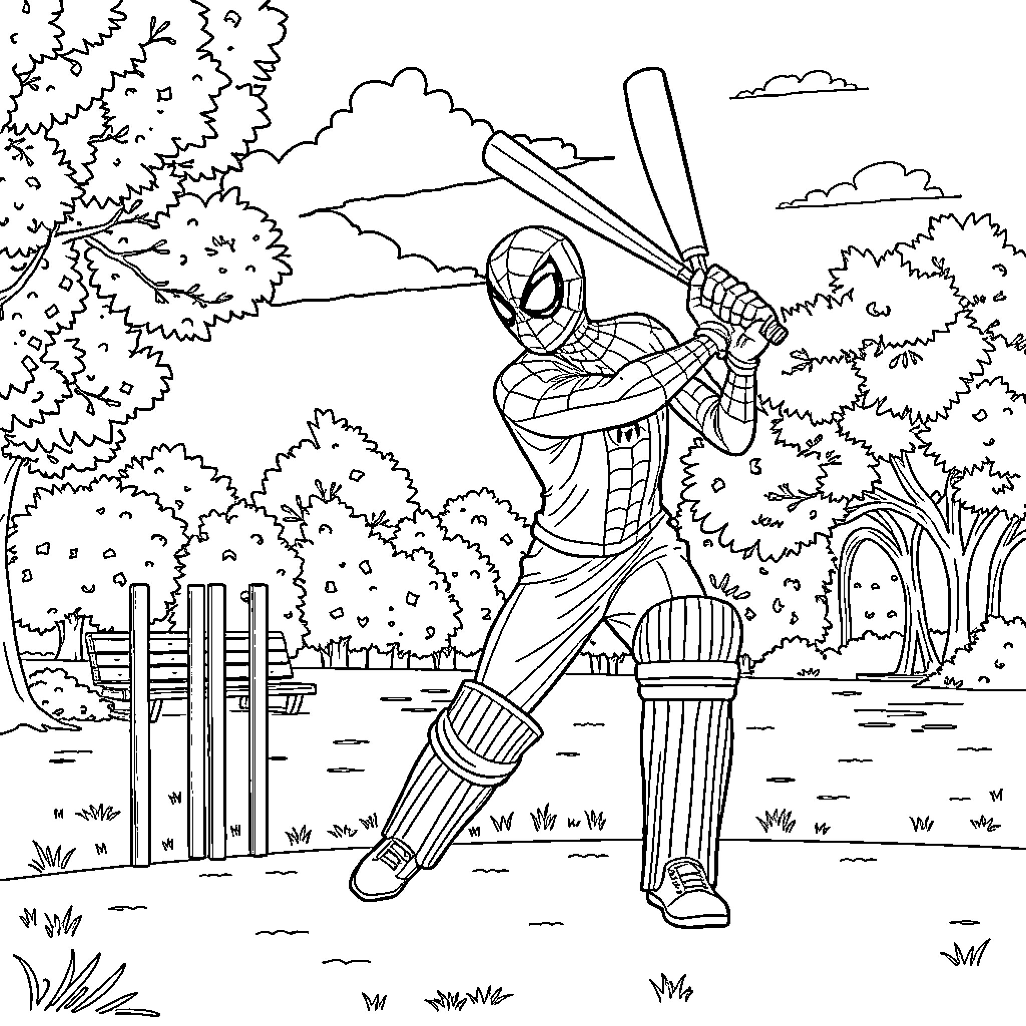 Spiderman playing cricket in the park Coloring Page (free black-and-white line drawing printable PDF for all, from beginners to advanced learners, including children, teens, adults, and seniors)