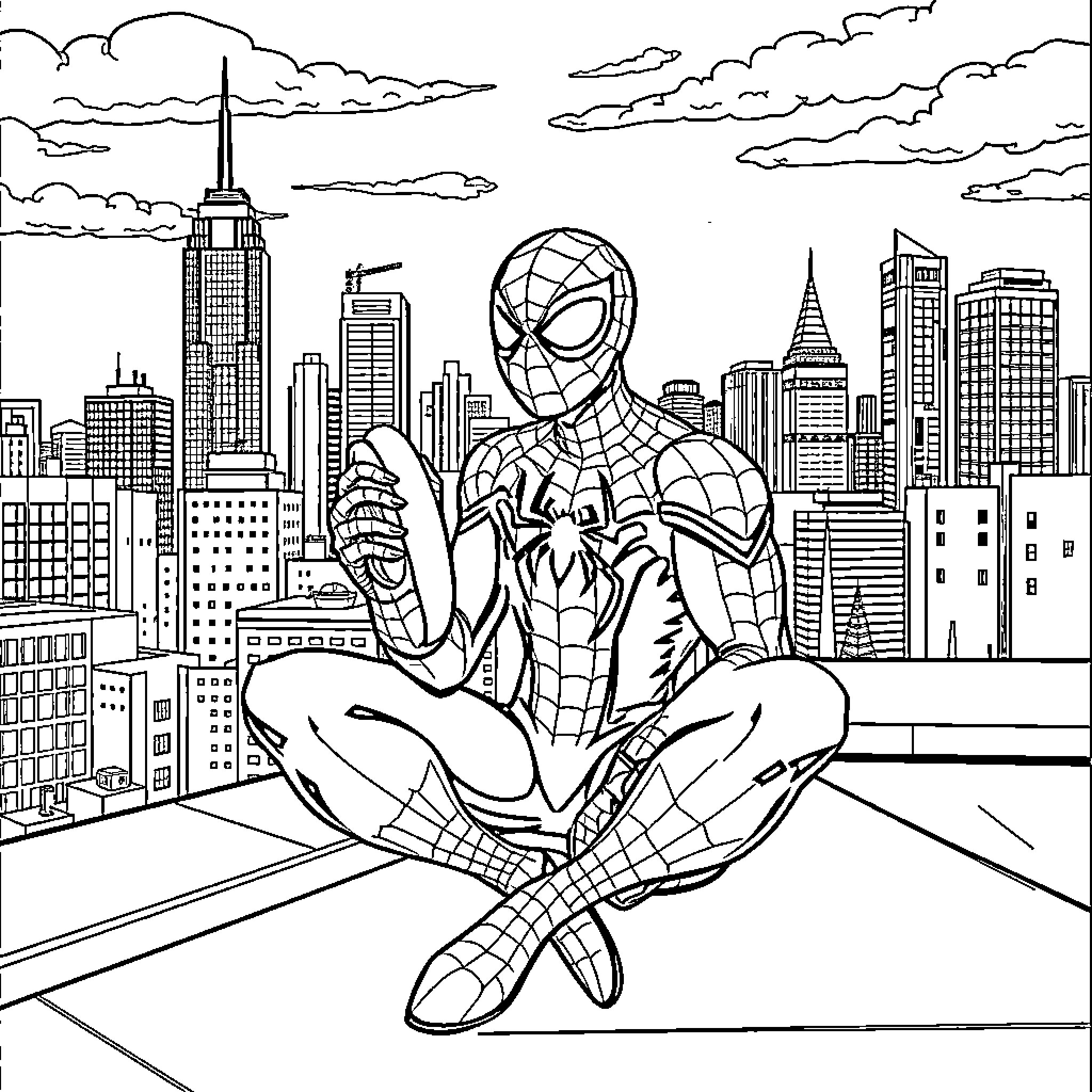 Spiderman swinging through the city skyline Coloring Page (free black-and-white line drawing printable PDF for all, from beginners to advanced learners, including children, teens, adults, and seniors)