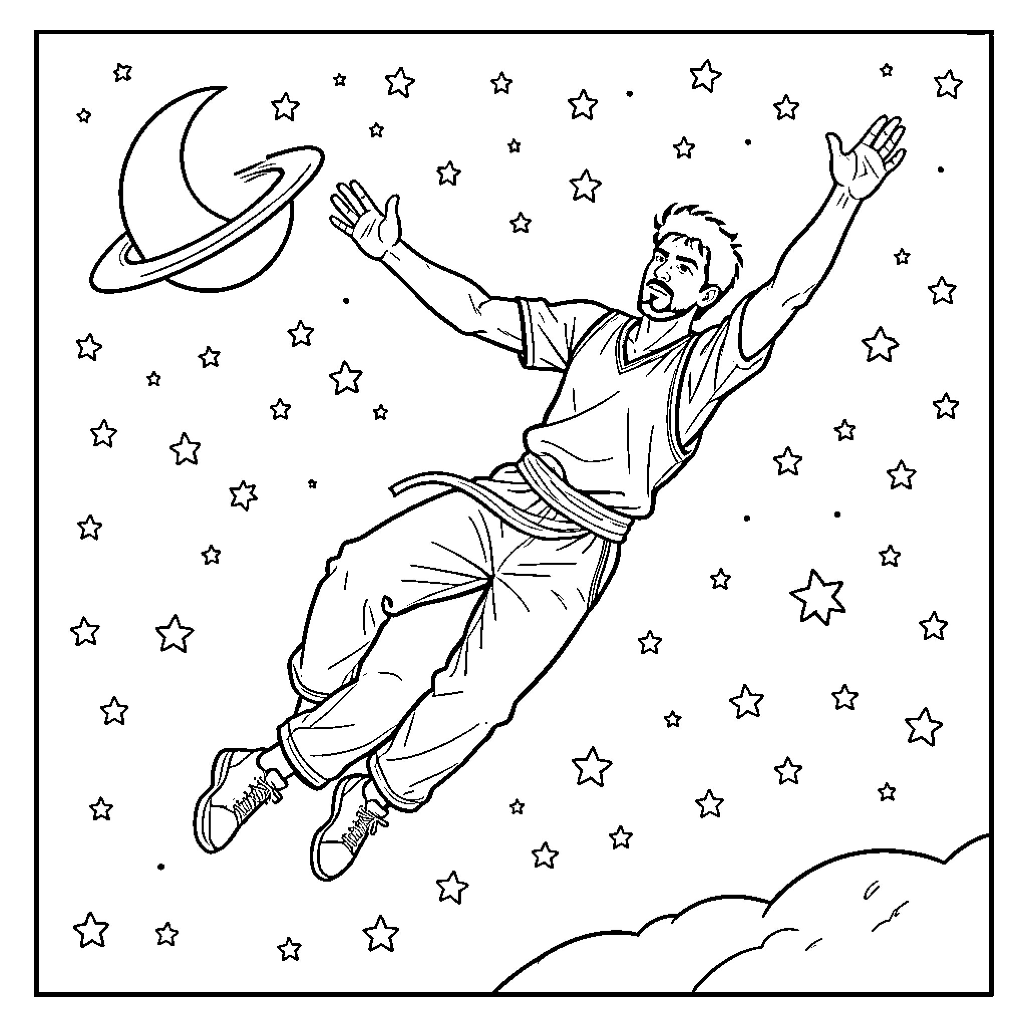 Jordan floating joyfully among stars and a crescent moon Coloring Page (free black-and-white line drawing printable PDF for all, from beginners to advanced learners, including children, teens, adults, and seniors)
