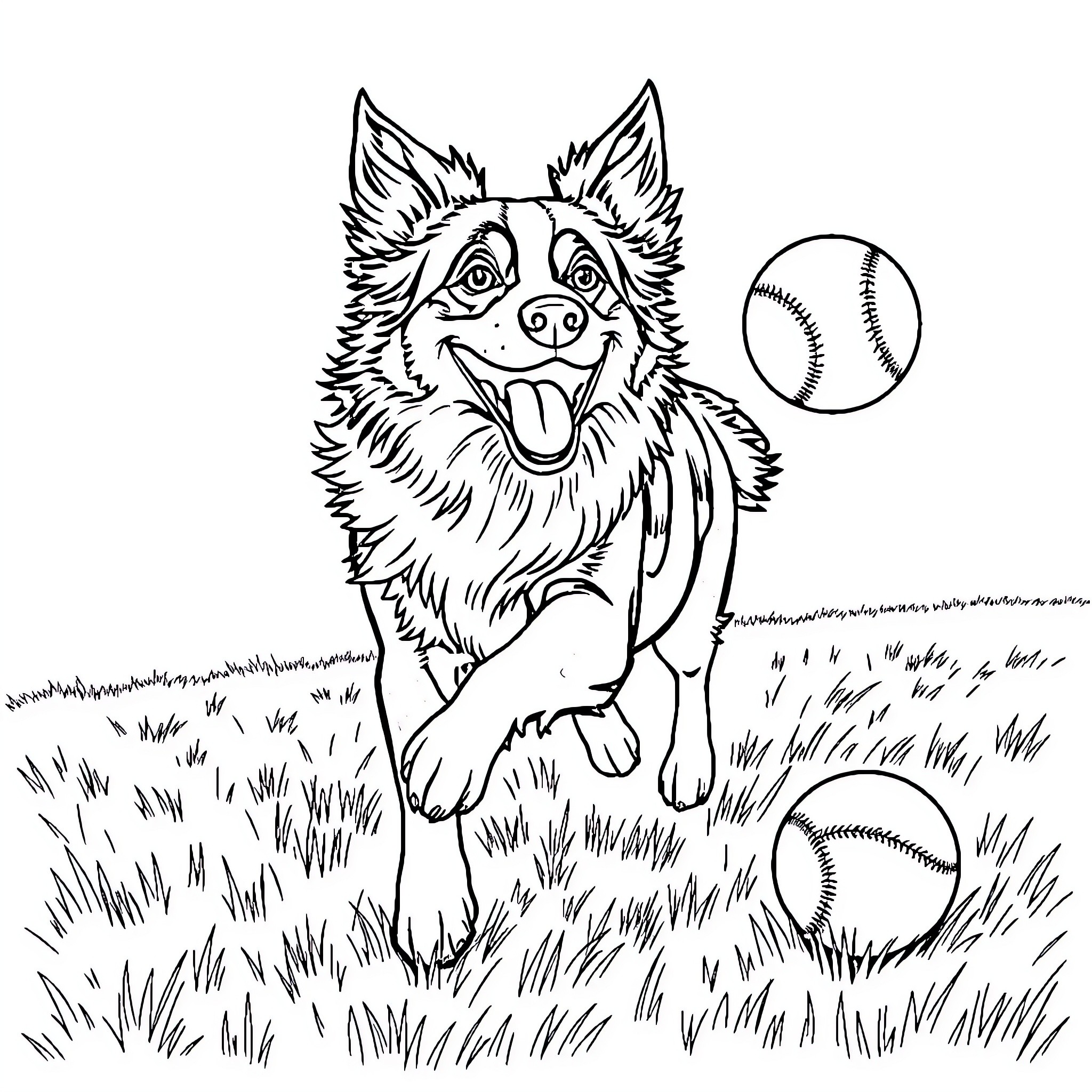 Border Collie playing joyfully with baseballs in the grass Coloring Page (free black-and-white line drawing printable PDF for all, from beginners to advanced learners, including children, teens, adults, and seniors)