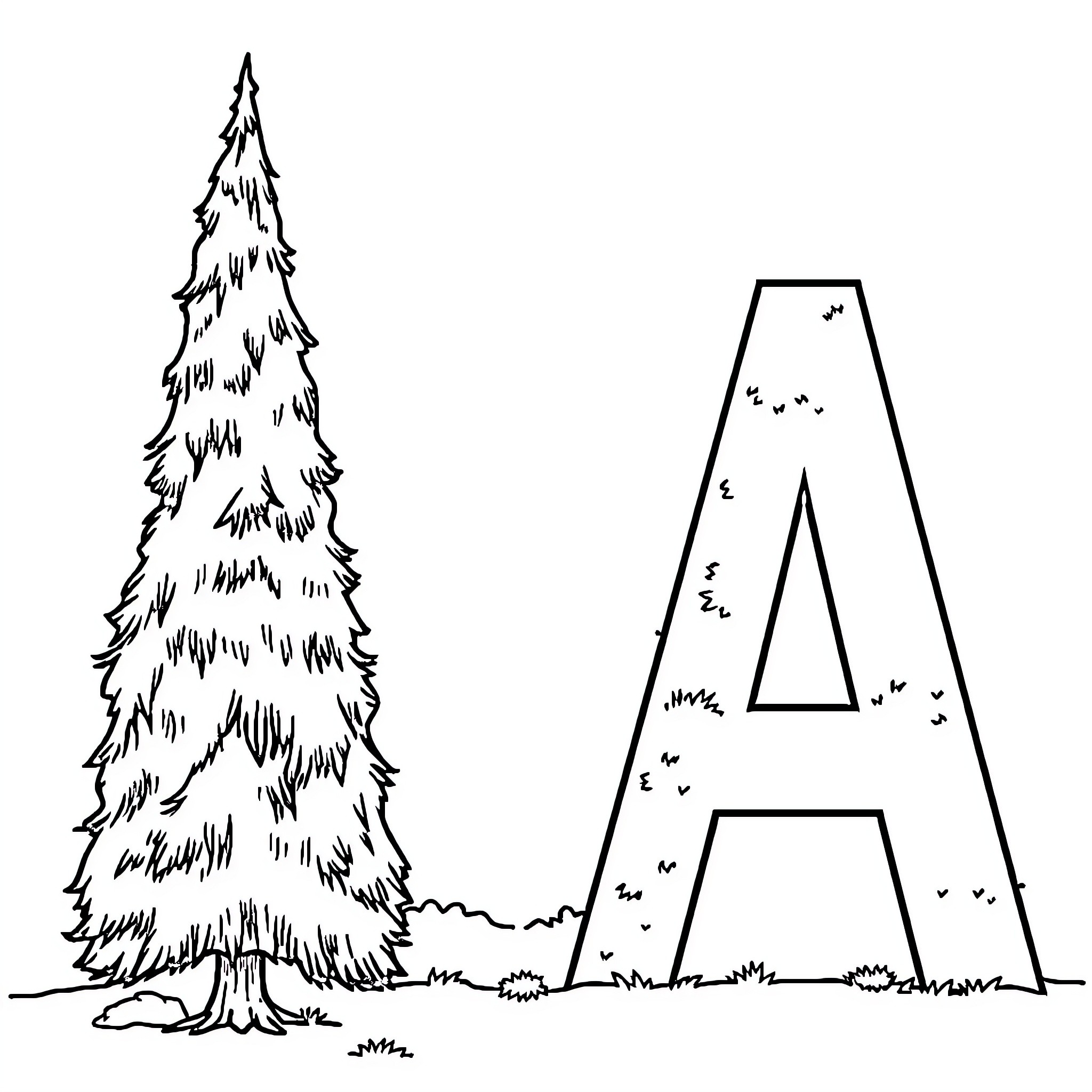 Tree standing tall next to giant letter Coloring Page (free black-and-white line drawing printable PDF for all, from beginners to advanced learners, including children, teens, adults, and seniors)