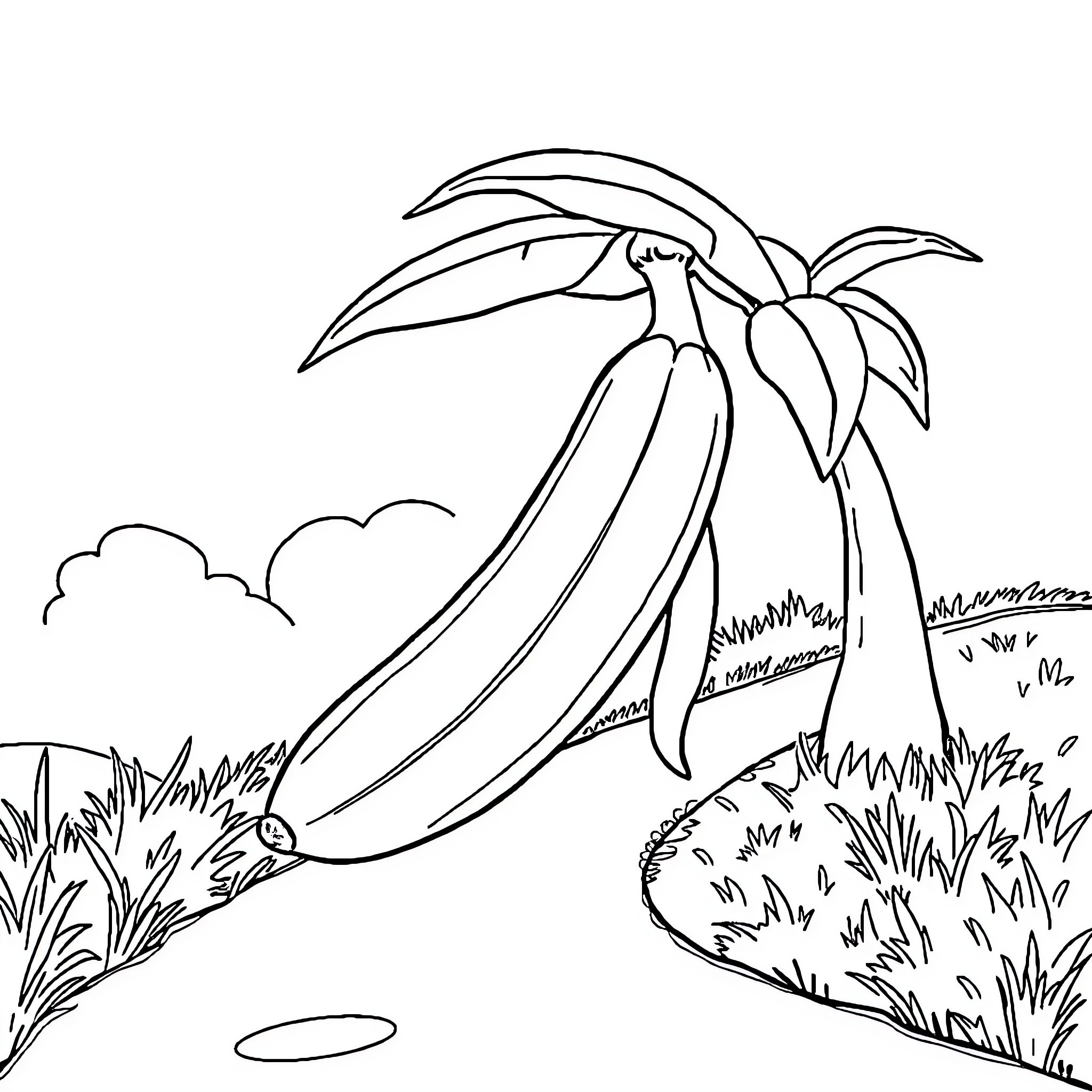 Banana tree swaying in the wind Coloring Page (free black-and-white line drawing printable PDF for all, from beginners to advanced learners, including children, teens, adults, and seniors)